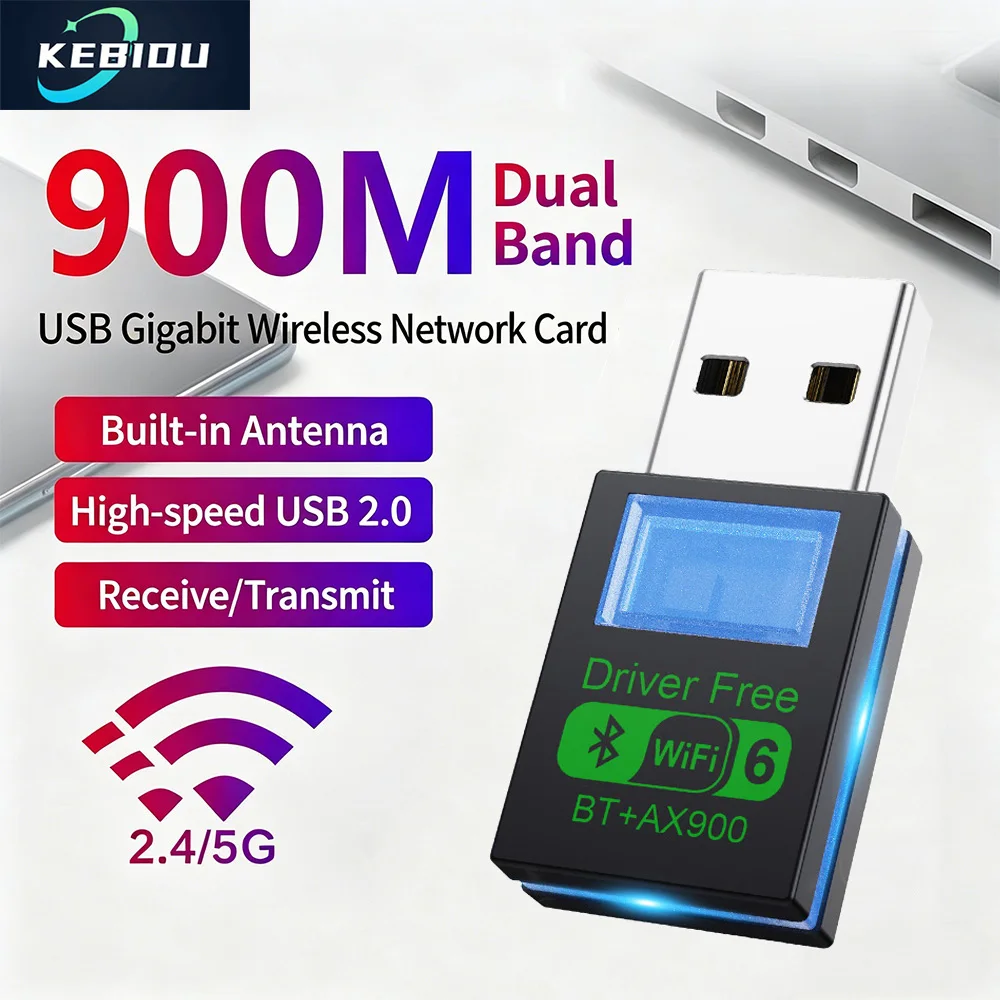 Kebidu WiFi 6 AX900 Bluetooth 5.4 USB Adapter Wireless Network Card 2.4G&5GHz Wi-Fi Receiver For PC/Laptop Win10/11 Driver Free