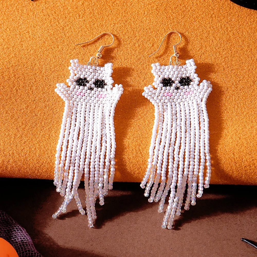Pendientes de calabaza de Halloween con cuentas tejidas a mano, pendientes bohemios con cuentas de arroz, diseño de Halloween, hermosos pendientes colgantes de fantasma