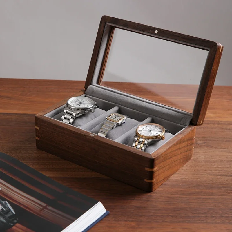 

Vintage Exquisite Storage Box Black Walnut Wood Watch Case Multi Grid Visual Organize Box Lined with Fleece for Men's Gift