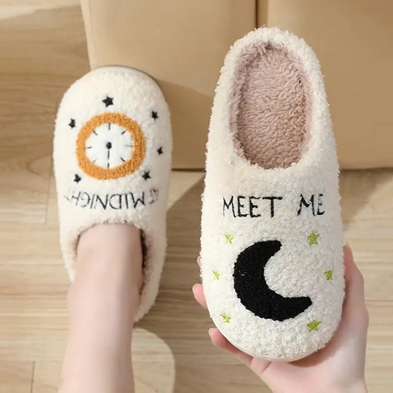 Cute Slippers Moon Clock House Slippers Indoor Shoes Non-Slip Sole Slip-On Winter Slippers Plush Slippers Female Plush Shoes