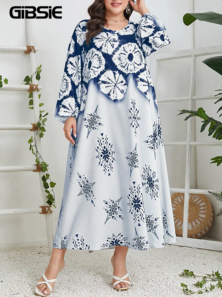 

GIBSIE Большие размеры в этническом стиле с винтажным принтом Свободное платье Абая женское весенне-осеннее повседневное платье макси с длинными рукавами и круглым вырезом