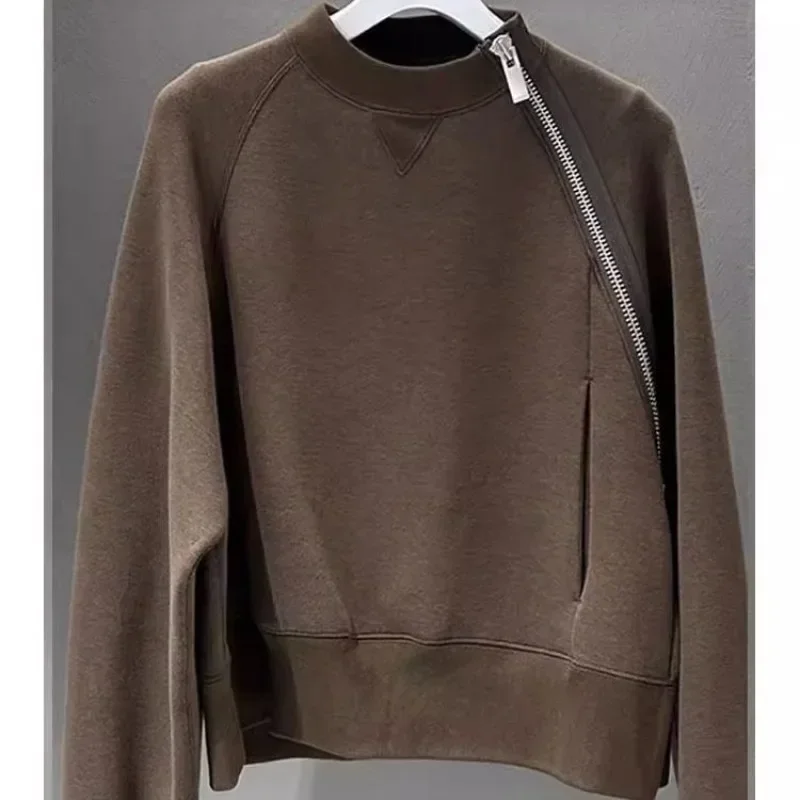 New Style Spring and Autumn Women's Solid O-Neck Long Sleeves Loose Korean Pulloers Diagonal Zipper Fashion Casual Tops