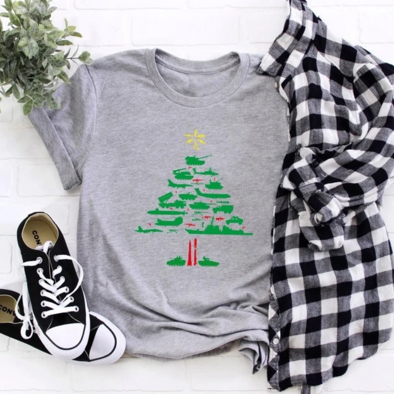 شجرة عيد الميلاد العسكرية الجرافيك بلايز خمر عطلة للجنسين تي شيرت Crewneck كل مباراة عادية نمط بلايز تي شيرت قصير