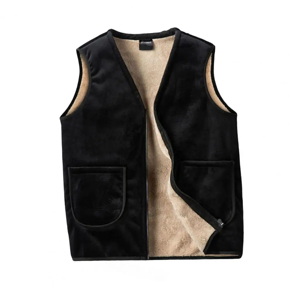 

Classic Design Vest Men's V-neck Velvet Lined Vest Coat with Pockets Zipper Closure Thickened Warm Waistcoat for Winter Men