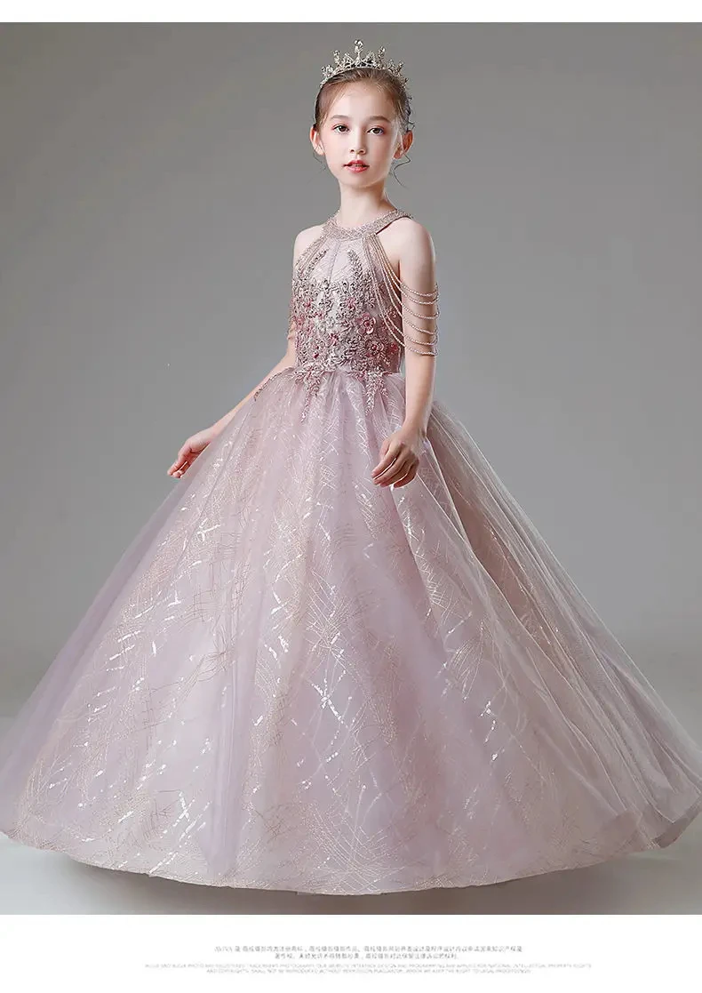 Children Birthday Party Elegant Tulle Long Dresses School Evening Gala Kids Host Fashion Gowns Christening Costumes 12-14 Years