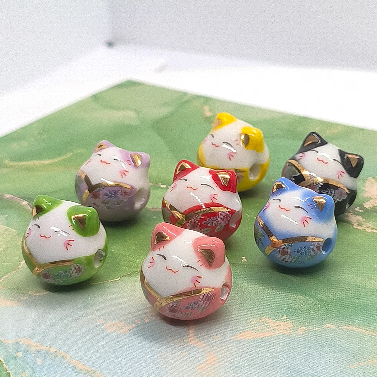 15mm 6pcs Tie Lucky Cat Shape Ceramic Beads For DIY Bracelet Keychain Necklace Gifts Accessories Bead