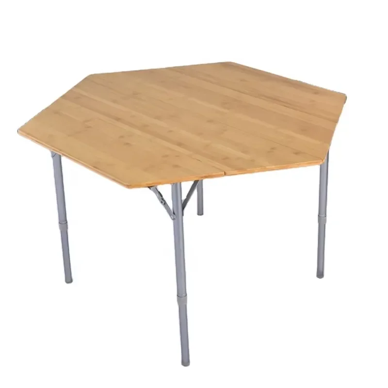 NF-TB Bamboo Folding Outdoor Table with Stainless Steel Base Space Saving Portable Design Hexagon Shape