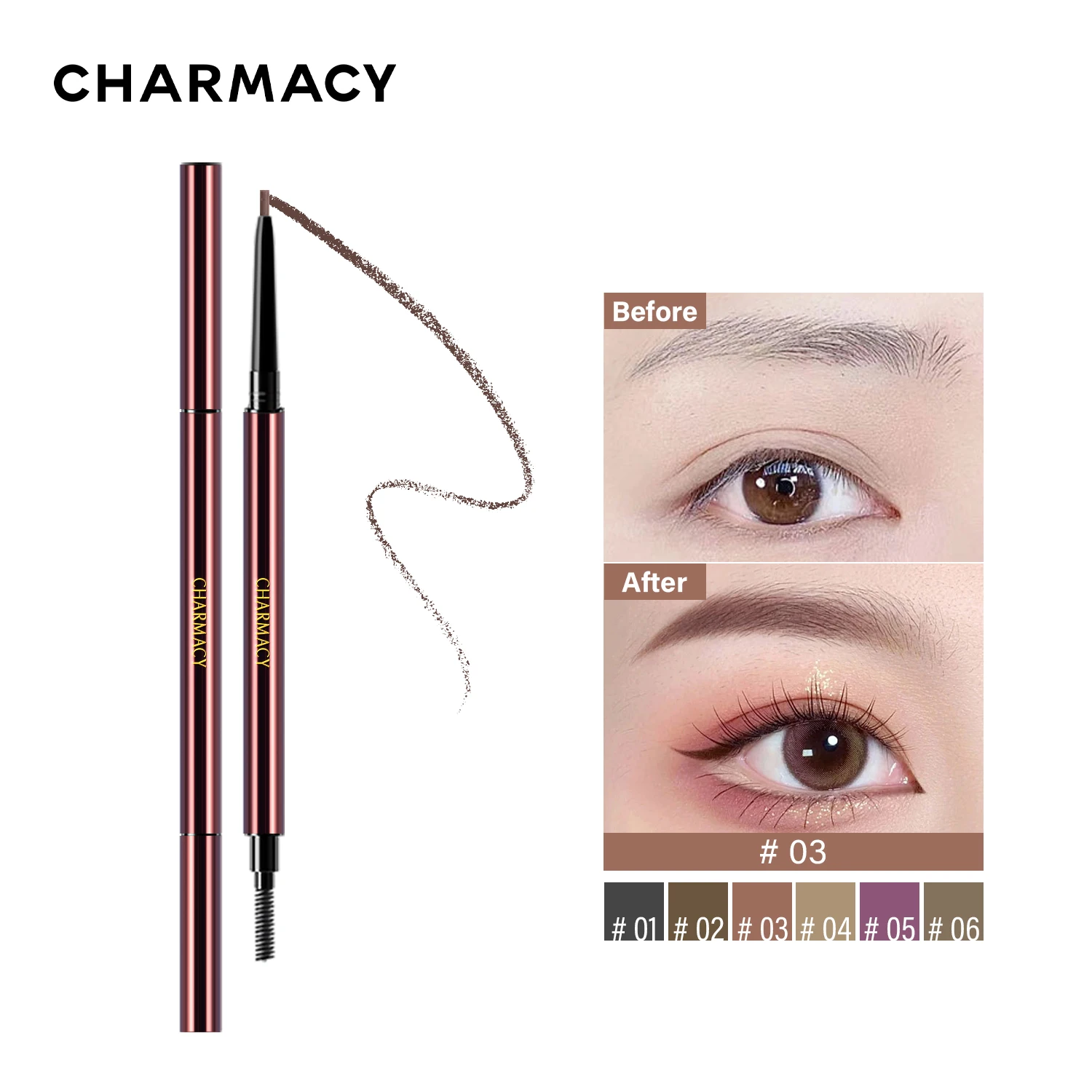 CHARMACY-lápiz triangular ultrafino para cejas, maquillaje de larga duración, resistente al agua, negro y marrón, 6 colores