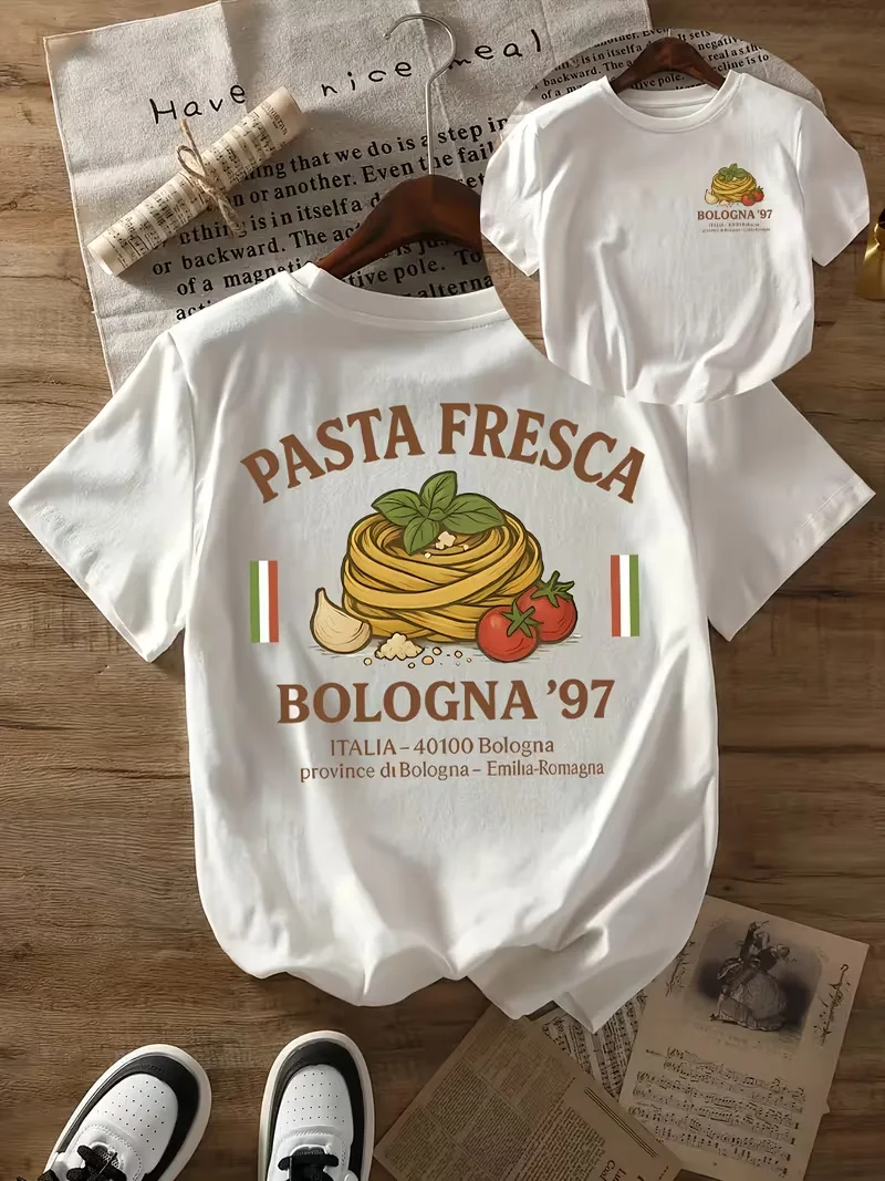 "Pasta Fresca Bologna '97" Graphic Tee Crew Neck Short Sleeve Oversized Shirt For Food Lovers & Italian Cuisine Fans