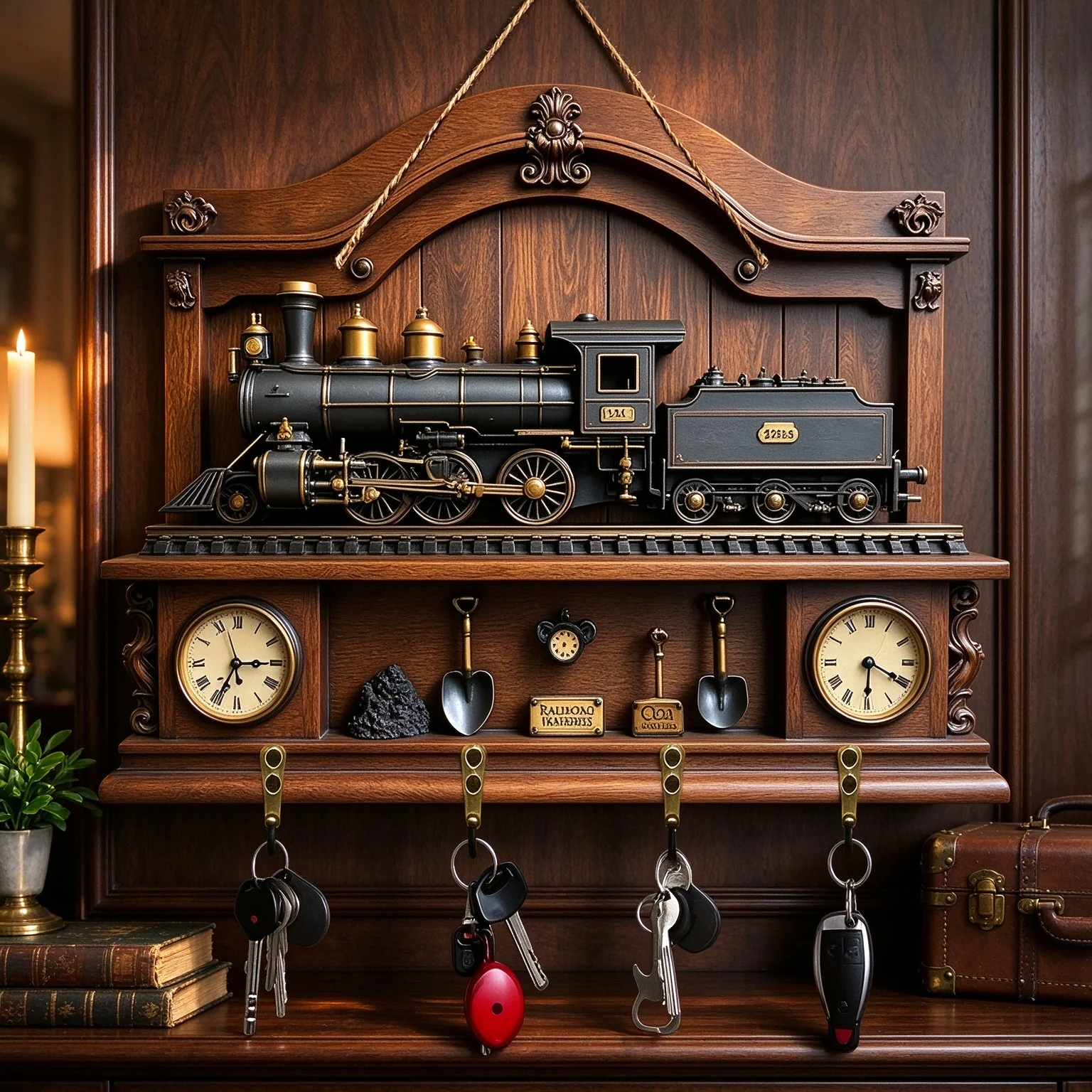 Flat wooden retro train and track pendant logo flower room porch decoration key hook