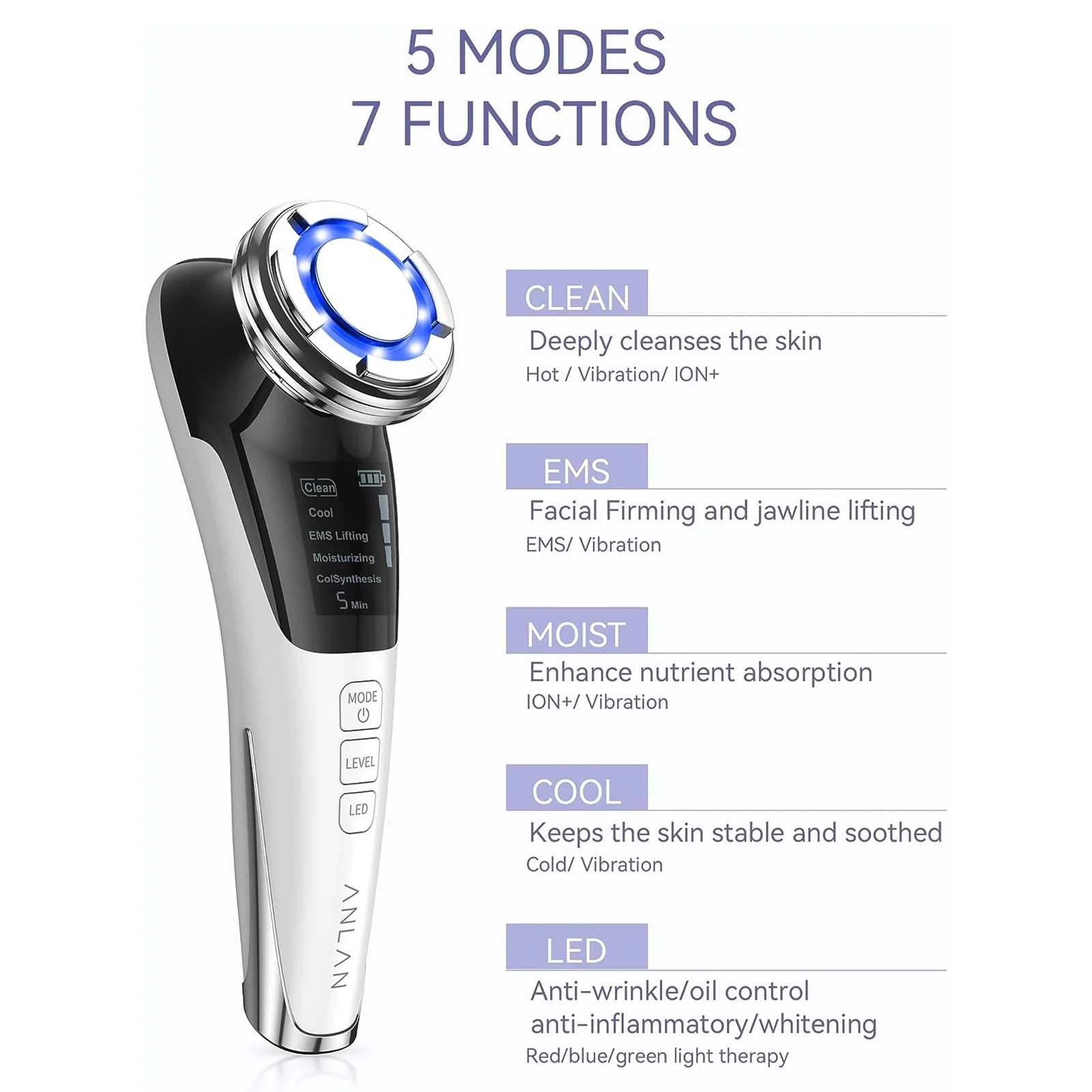 ANLAN Masajeador facial EMS Levantamiento facial Limpieza profunda Cuidado de la piel con luz LED Estiramiento de la piel Compresa fría y caliente