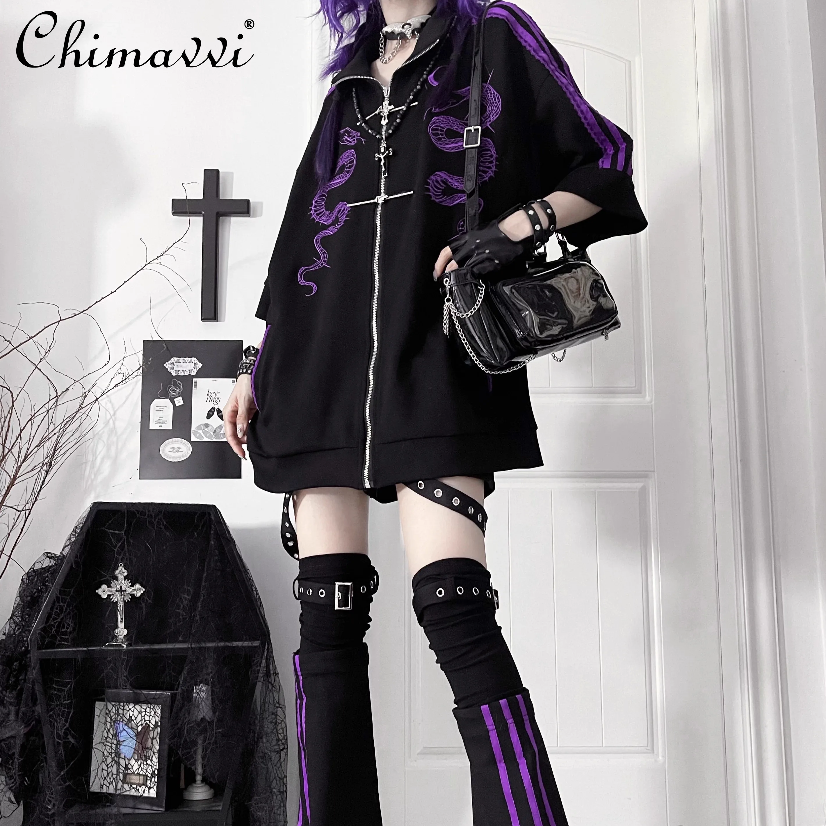 

Original Snake Embroidery Short-sleeved Zipper Sweatshirt Japanese Chinese Style Subculture Y2k Jacket and Leg Cover Autumn New