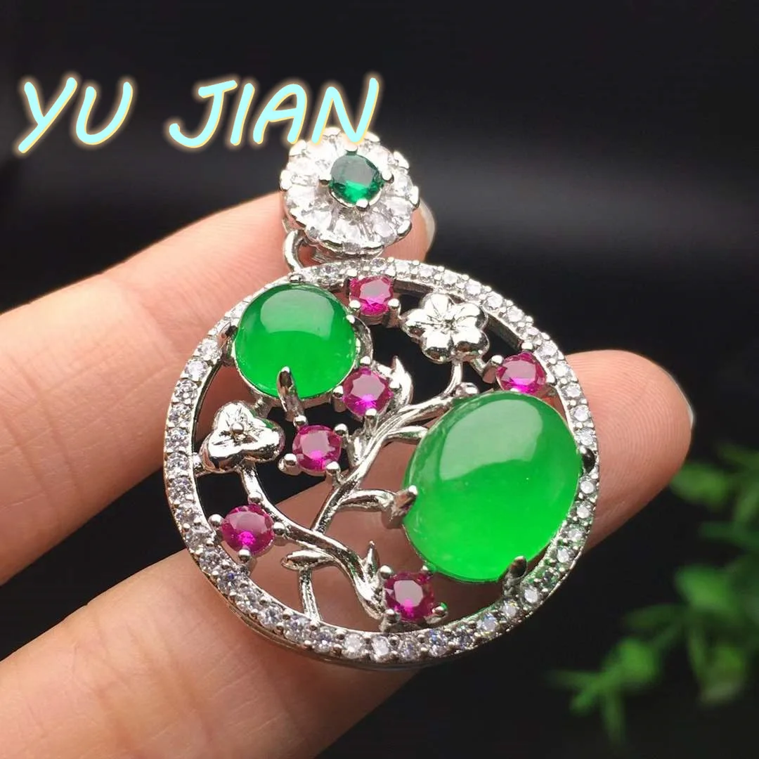 

New Ice Green Egg Face JADES Inlaid Plum Shape Jadeite Elegant Pendant 925 Silver Necklace Chain Exquisite Fine Jewelry