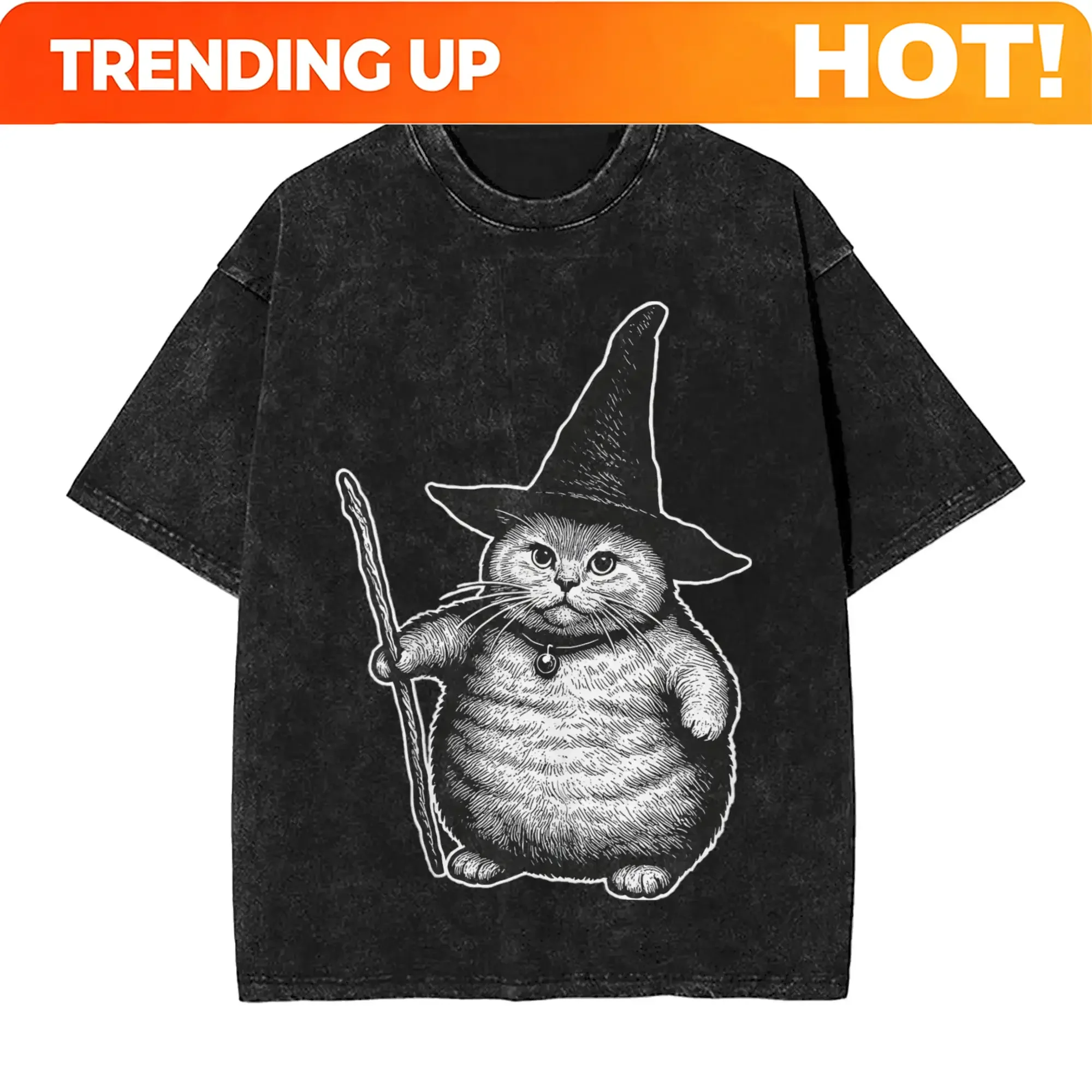 Customization Streetwear Washed T Shirt Wizard Cat Weird Funny Loose T Shirts Fashion Tshirt For Male Beach Aesthetic Pattern