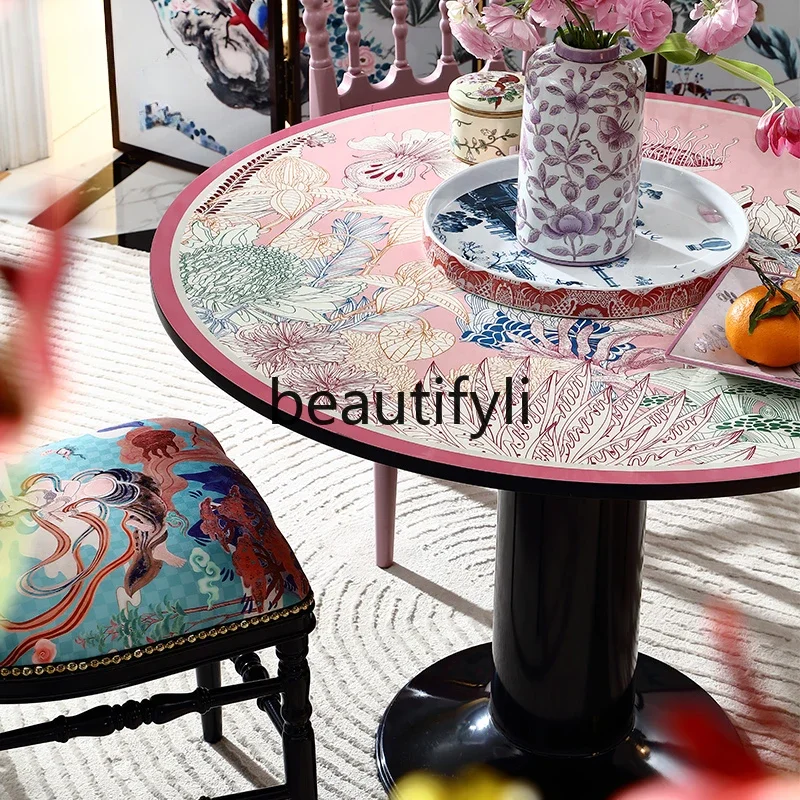

yj5 Chinese retro round dining table French painted casual table 1 meter