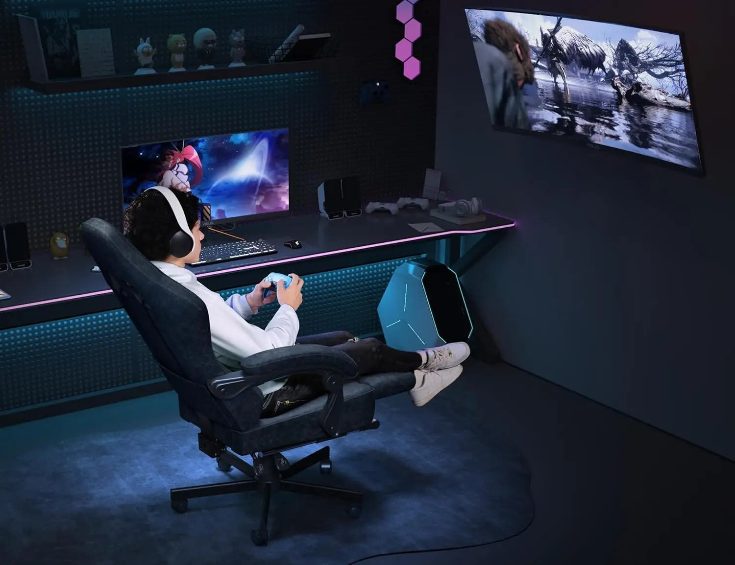 Gaming and Office Use, Breathable Leather, Grey, Wide and High, with Headrest, Pocket Spring Cushion and Footrest