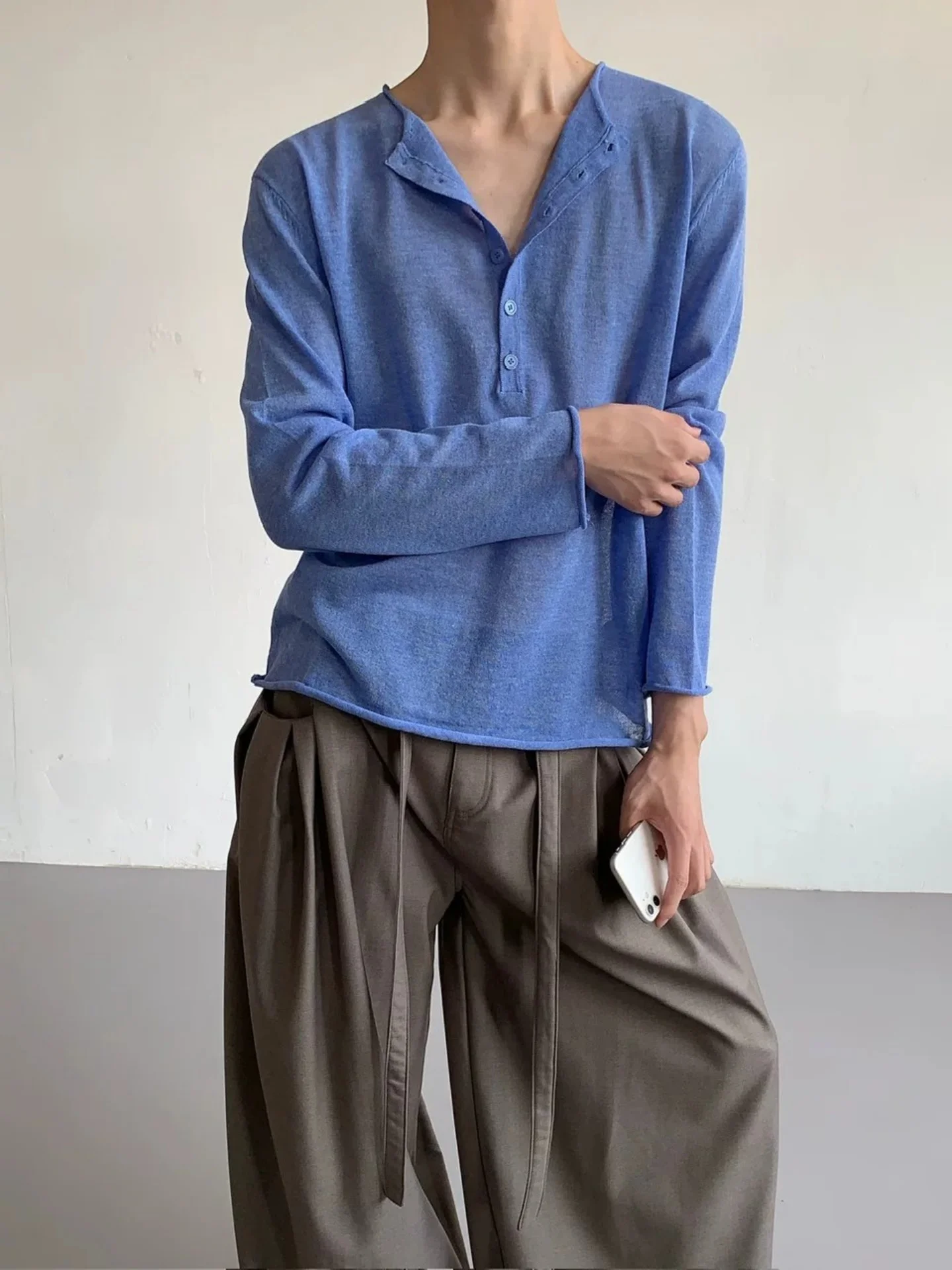 Lightweight Long Sleeve Henry Collar T-Shirt Men's Loose Casual Transparent Style Spring Summer Anti-Uv Cover up Top
