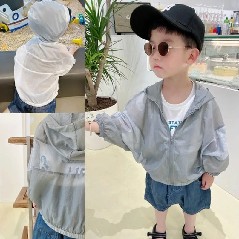 Kid Hollow Out Design 2024 New Children\'s Summer Lightweight Breathable Sun Protection Clothing Boys Stylish Bat Sleeve Hooded