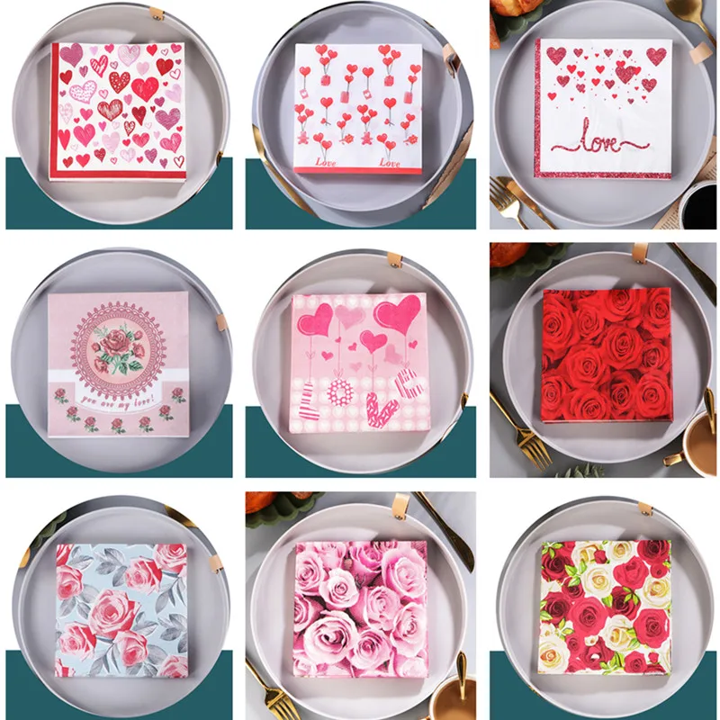 

20Pcs/bag 33x33cm Red Rose Flower Printed Paper Disposable Tableware Napkin Tissues Wedding Party Decoration