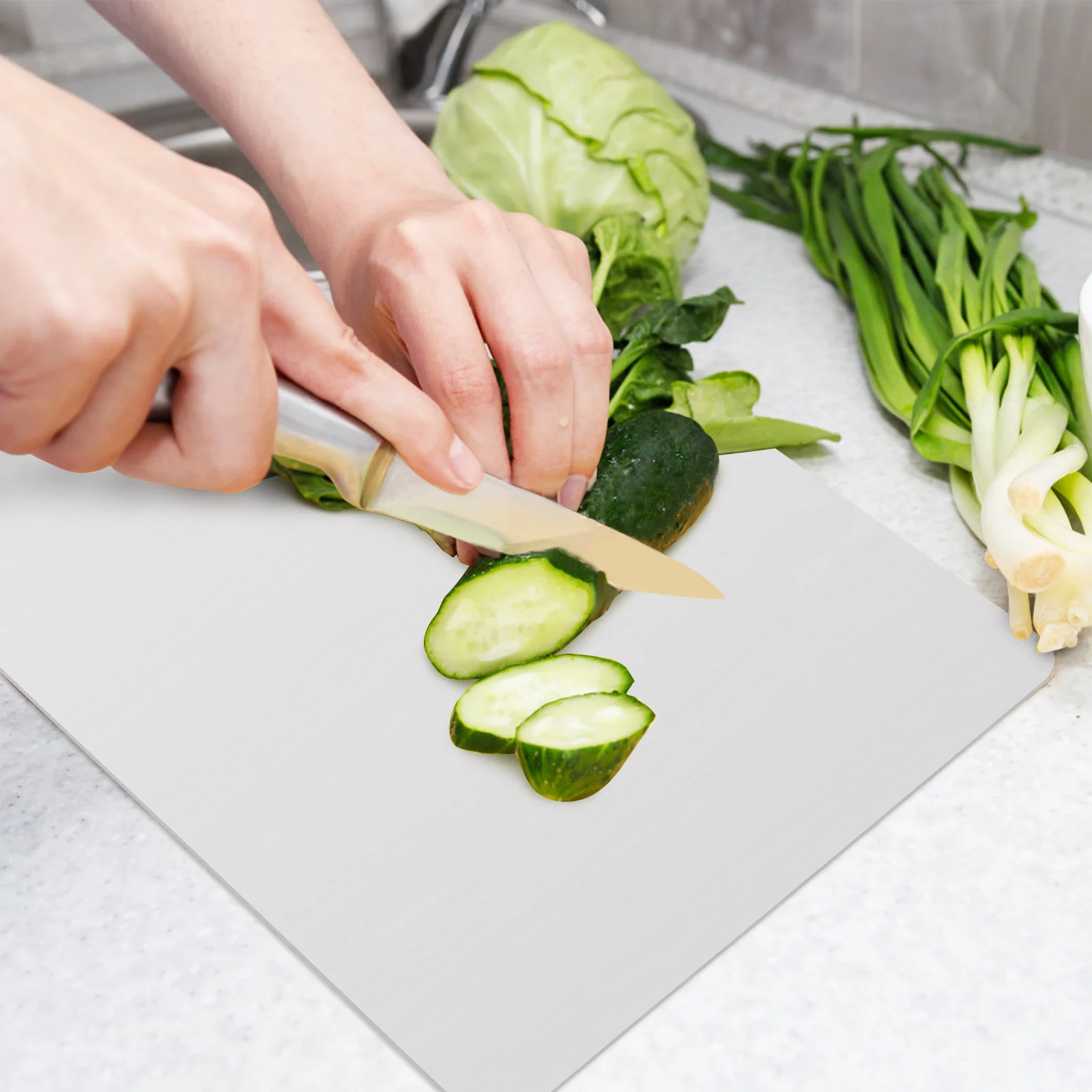 

Stainless Steel Cutting Board Filleted Corners Hanging Hole Kitchen Durable Meat Fruit Vegetable Chopping Board Easy Clean