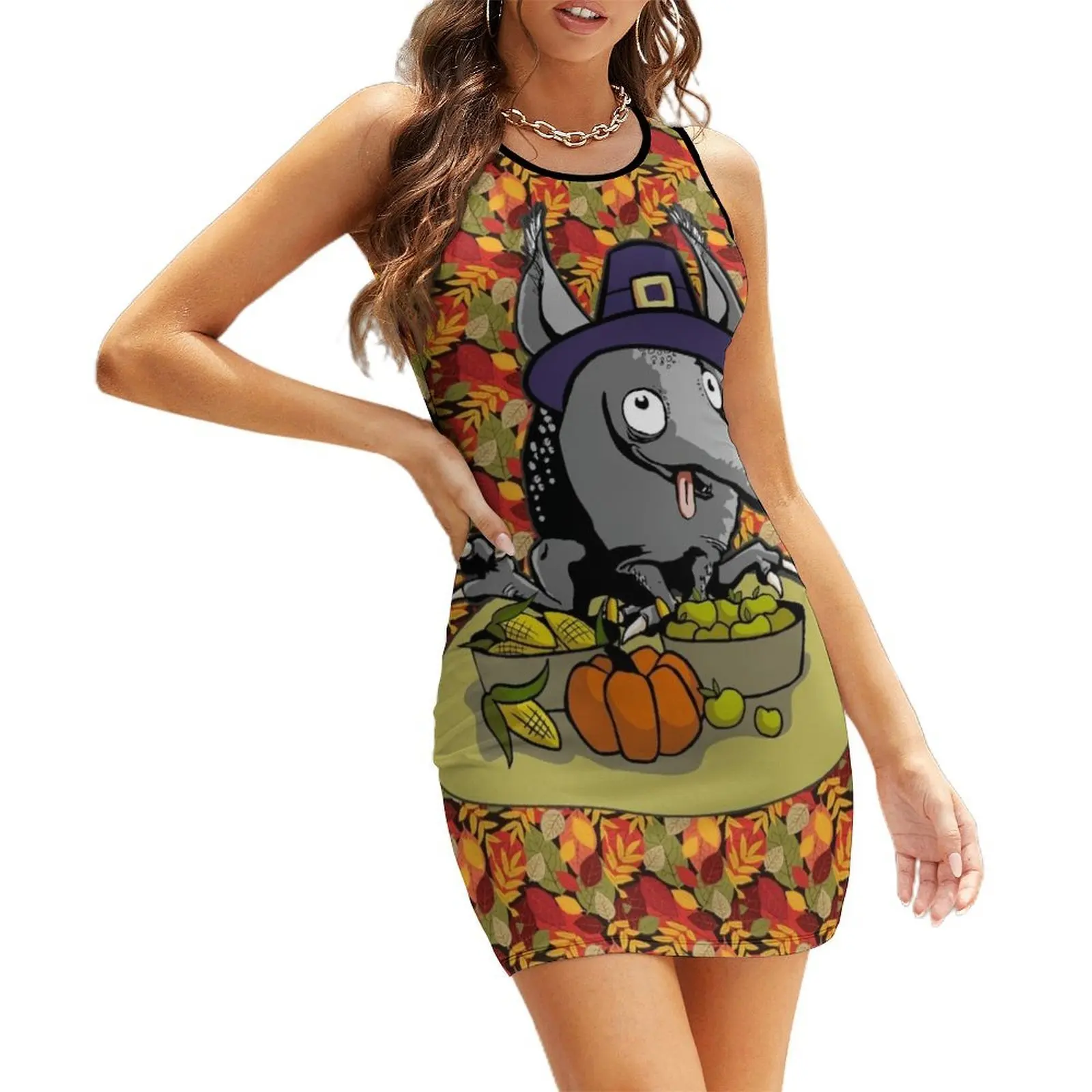 

Thanksgiving armadillo pilgrim hat cute quirky cartoon leaves Sleeveless Sundress Woman clothing dresses for special events