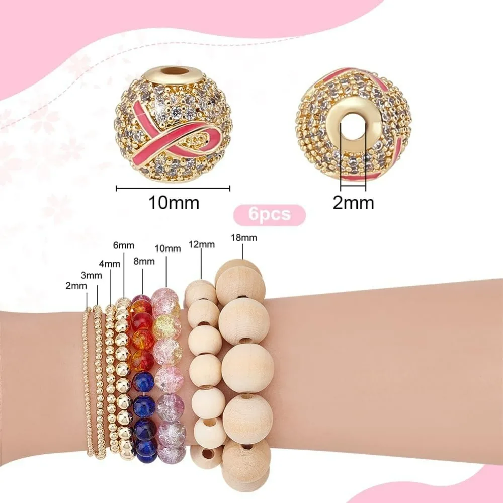6 قطعة مايكرو تمهيد مكعب زركونيا الخرز 10 مللي متر جولة حجر الراين الخرز سرطان الثدي شريط للتوعية ثقب التصميم: 2 مللي متر