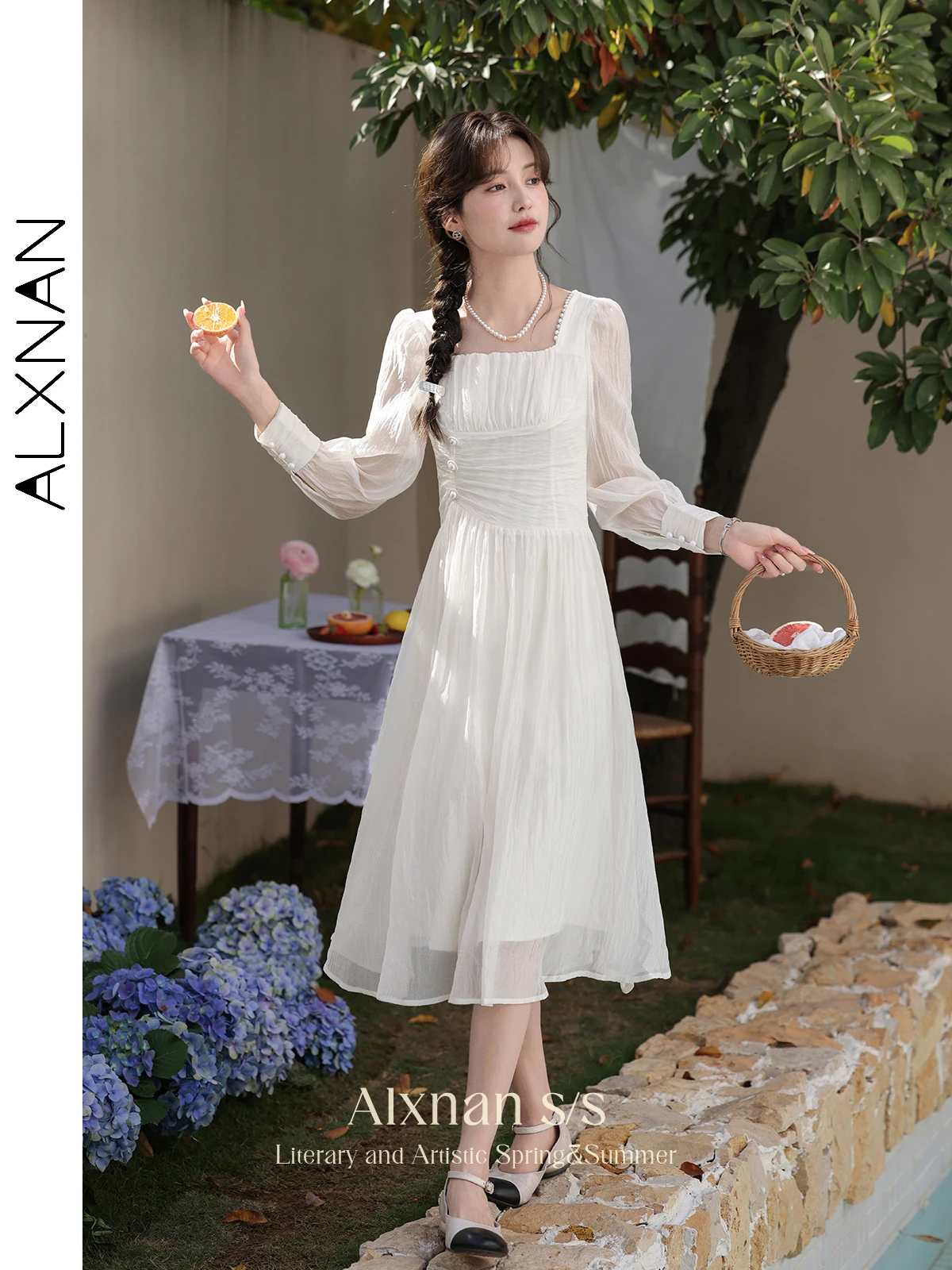 

ALXNAN Fashion French Style White Dress Women 2024 Elegant Square Collar Pearls Puff Sleeve A-line Midi Dress Spring New L33871