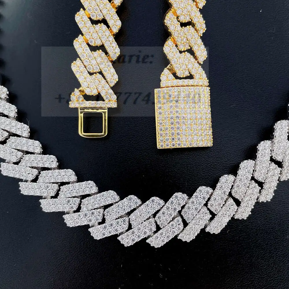 Luxury Factory Price 15mm Custom Hip Hop Cuban Link Mens S925 with Moissanite Cuban Link Chain Wholesale Price.