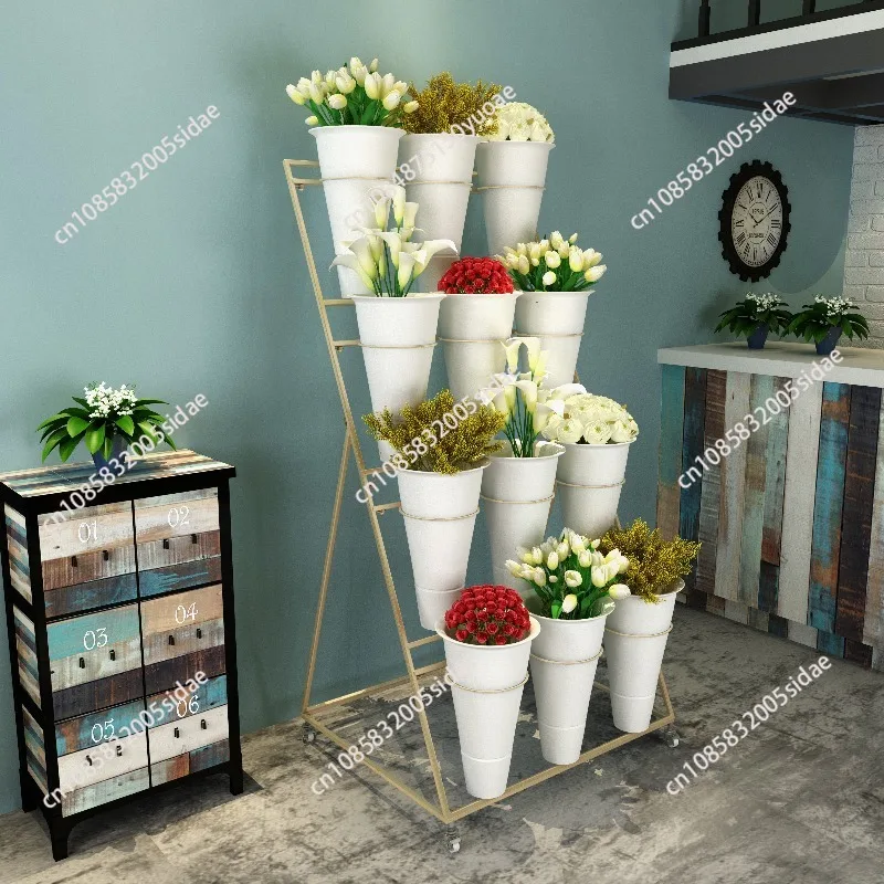 Multi-tier Flower Display Rack,Large Removable Display Stand with Plastic Bucket, Black Gold Flower Shop Iron Wedding Visualizer