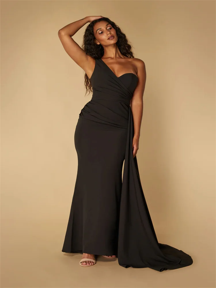 

New Arrival One Shoulder Sweetheart Neckline Crepe Straight Evening Dress Back Zipper Floor Length Sweep Train Gown For Women