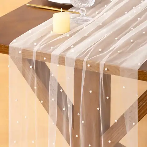 76CMx3M White Pink Pearl Table Runner Tulle Spring Easter Cheesecloth Gauze Dining Wedding Birthday Party Baby Shower