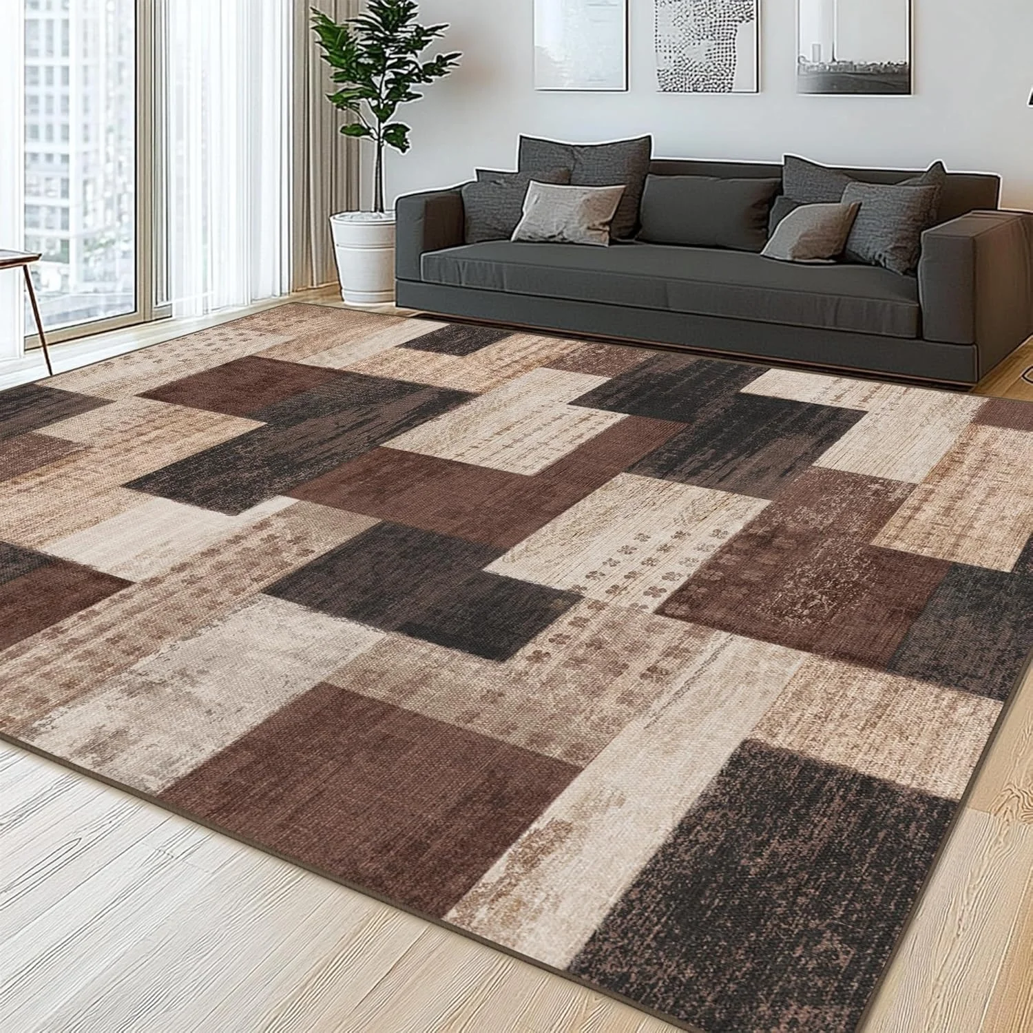 Modern Geometric Patchwork Indoor Carpet, Suitable for Living Room, Large Chocolate-Colored Carpet, Series of Hardwood Floor Decorations, Suitable for Bedroom, Brown Short-Pile Rug, Suitable for Office Entrance and Dining Room.