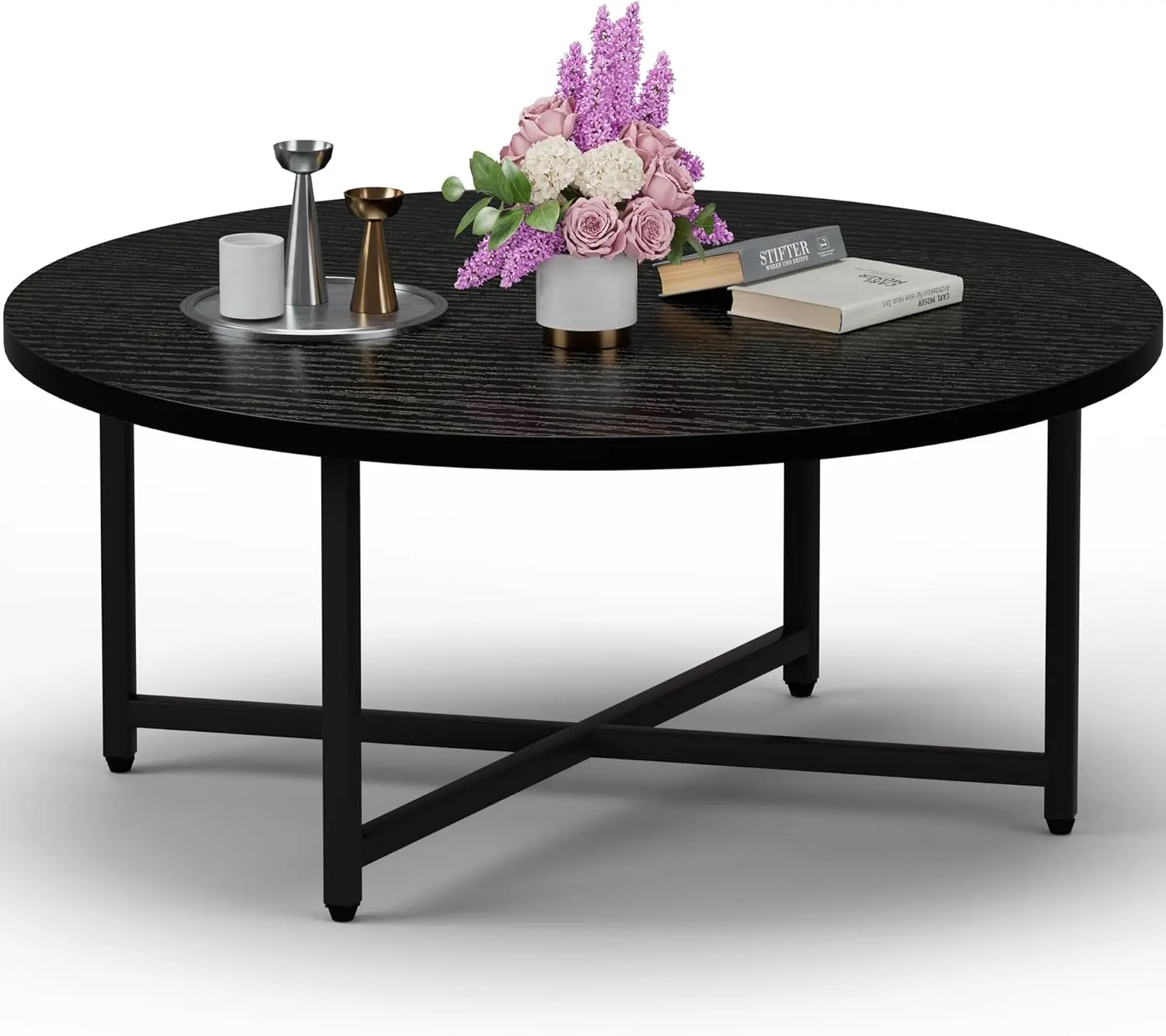 

Black Round Coffee Table, 31.5" D x 17.7" H, for Living Room, Office or Outdoor Use