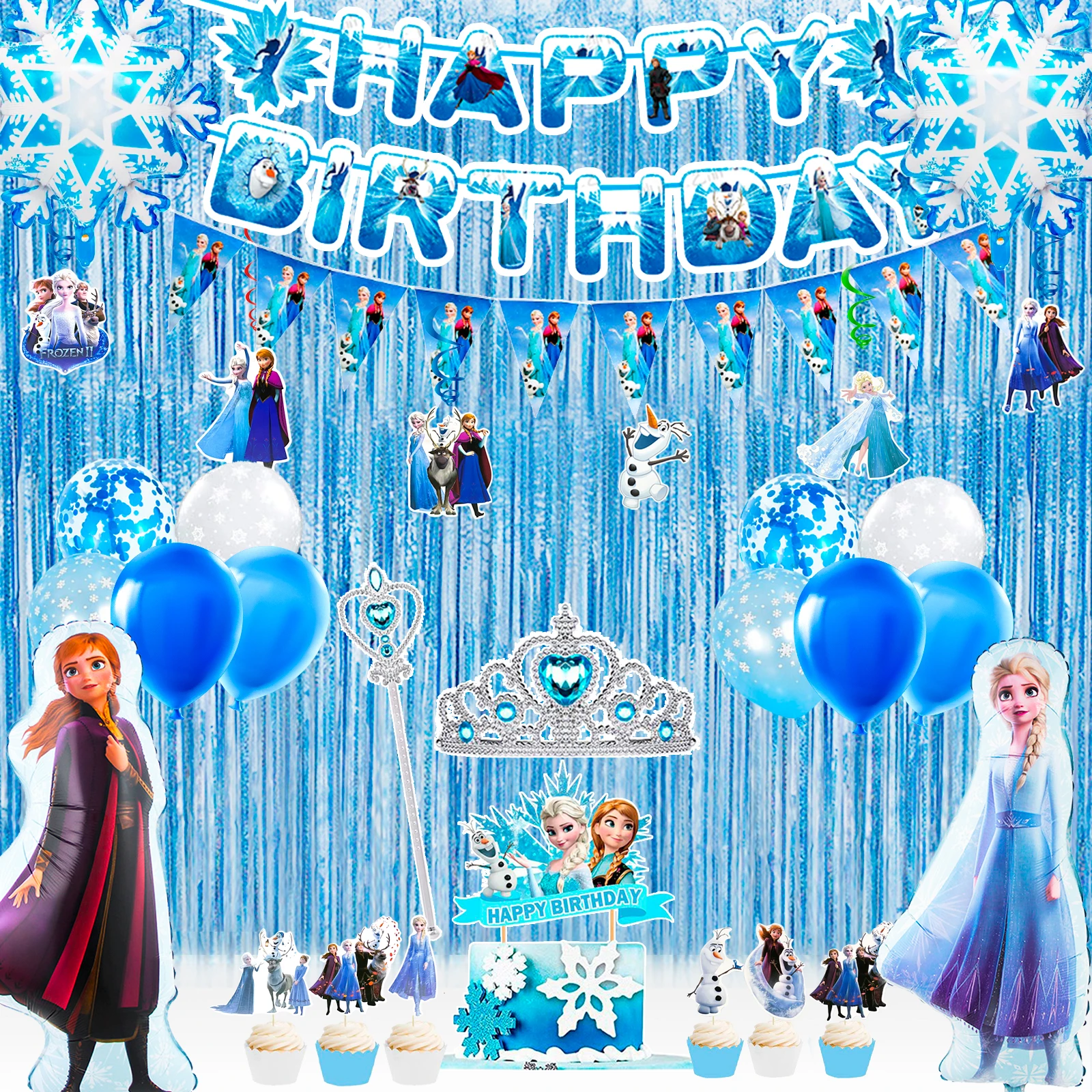 Suministros para fiesta de cumpleaños, juego de decoraciones para fiesta de 3 piezas, globo congelado, globo de aluminio de Elsa, globos de copo de nieve, adornos para tarta