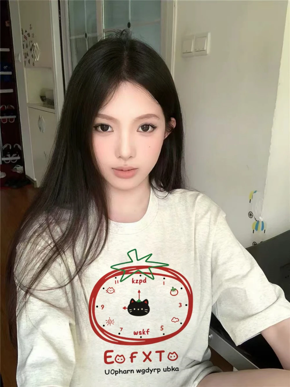 Casual Loose Tomato Timer Printing Short Sleeve T-shirt American Retro Simple Daily Versatile Round Neck Top For Women