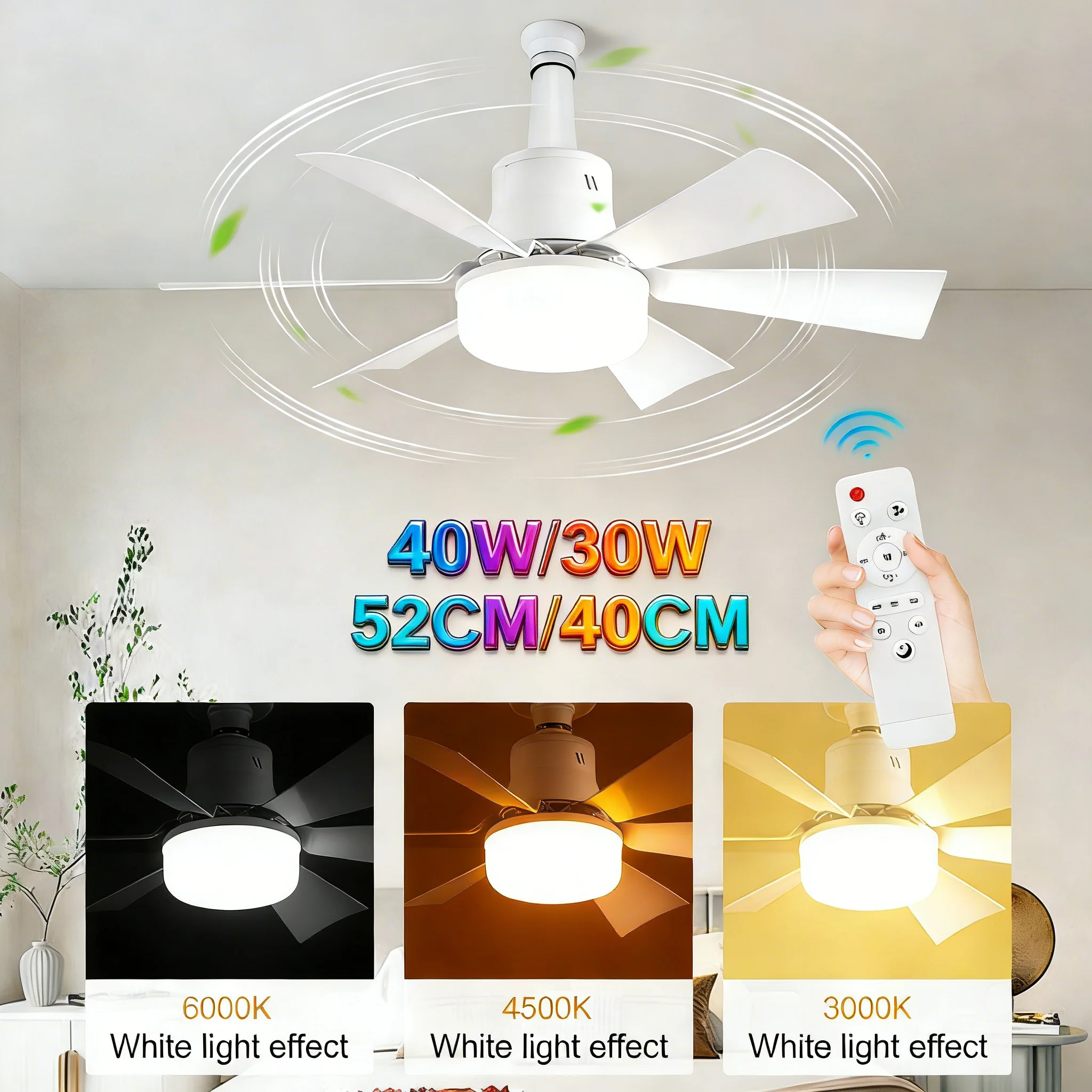 40W/30W Screw in Ceiling Fan in Light Socket with Extender & 6 Blades Ceiling Fan with Light for Bedroom Kitchen Living Room