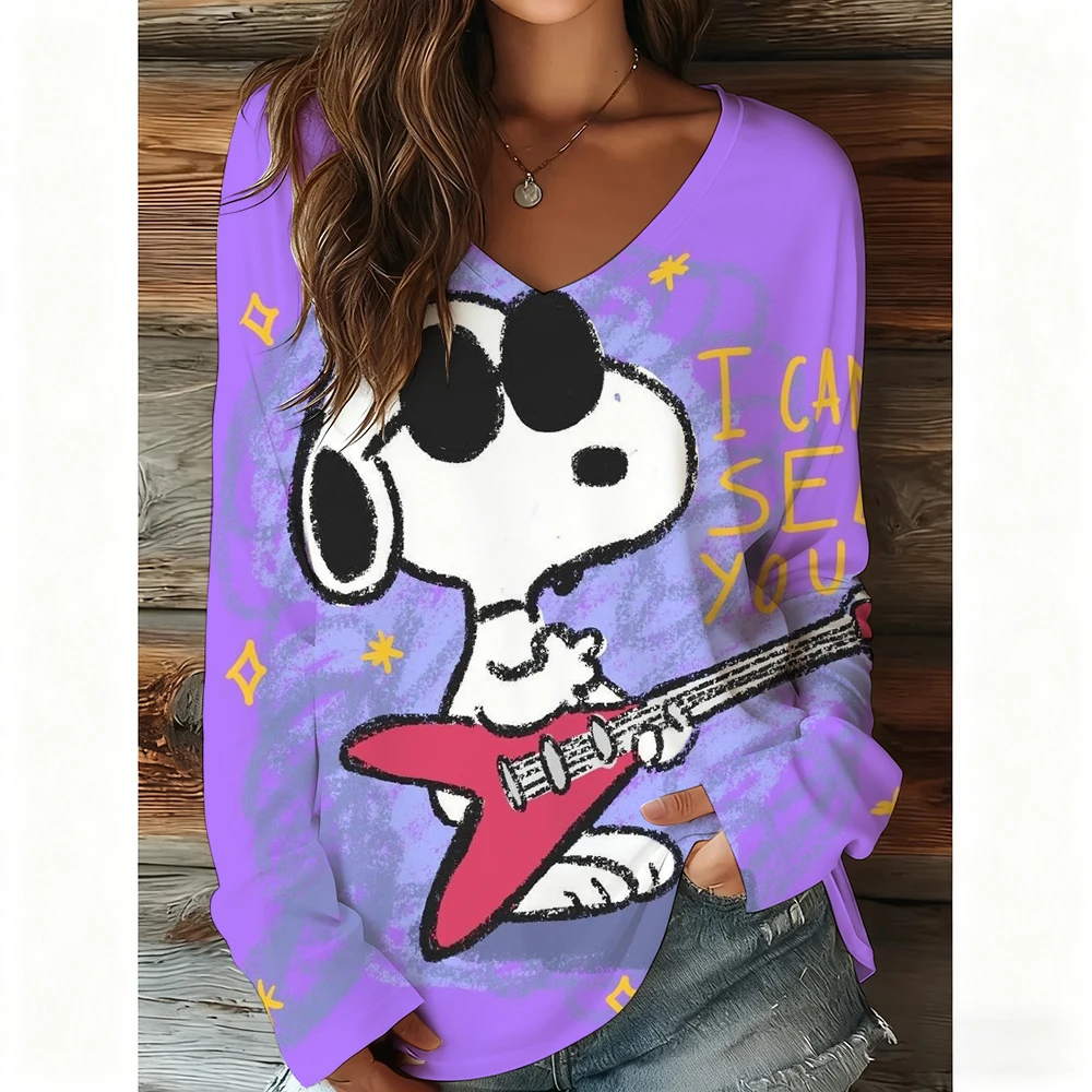 

Autumn and Winter Women's Long Sleeve 3D Snoopy cartoon print T-Shirt Women's Streetwear V Neck Long Sleeve