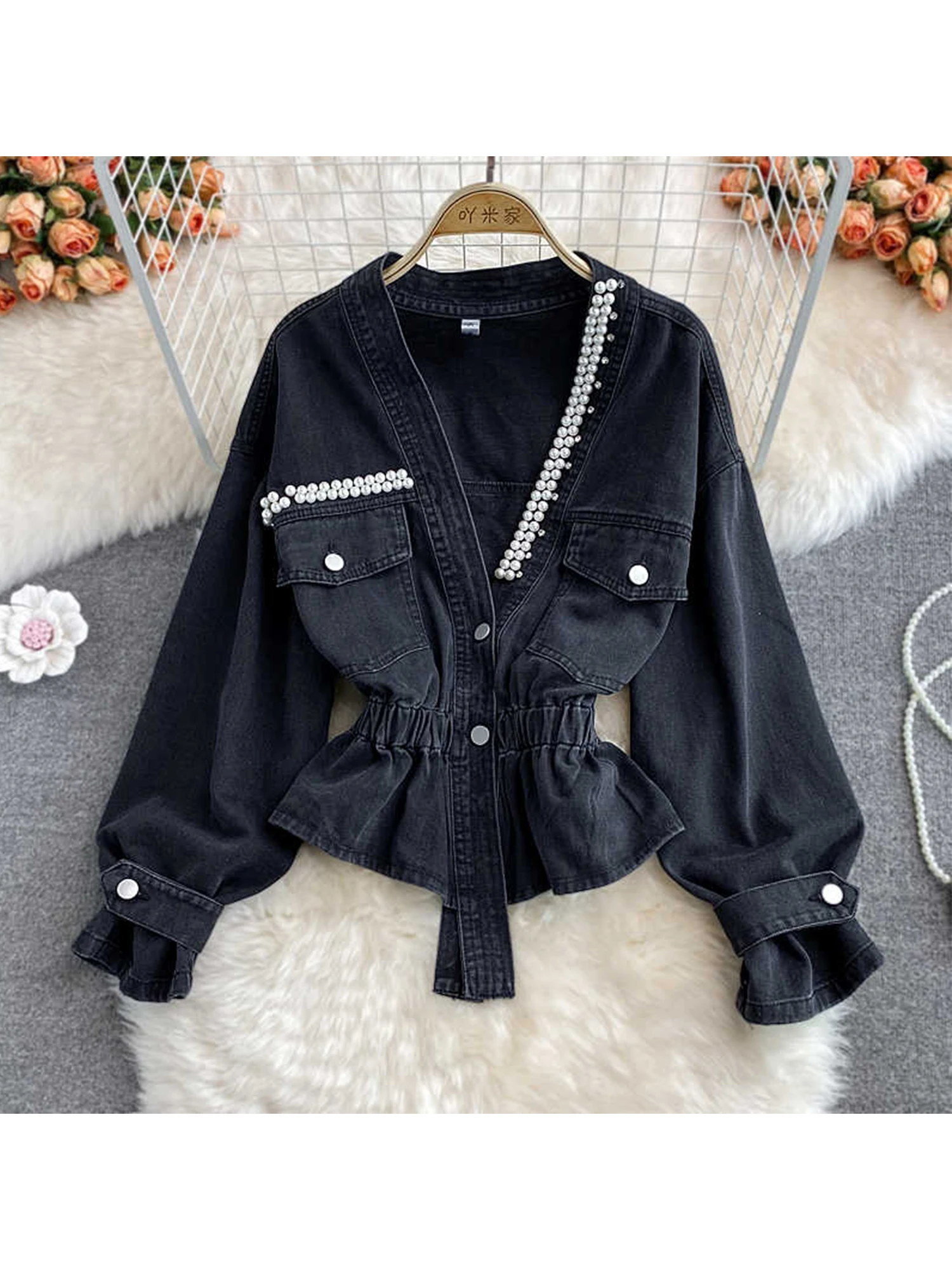 Women Black Gothic V-Neck Denim Jacket Harajuku Long Sleeve Jean Jacket Outerwear Y2k Vintage Denim Coat Emo 2000s Clothes 2025