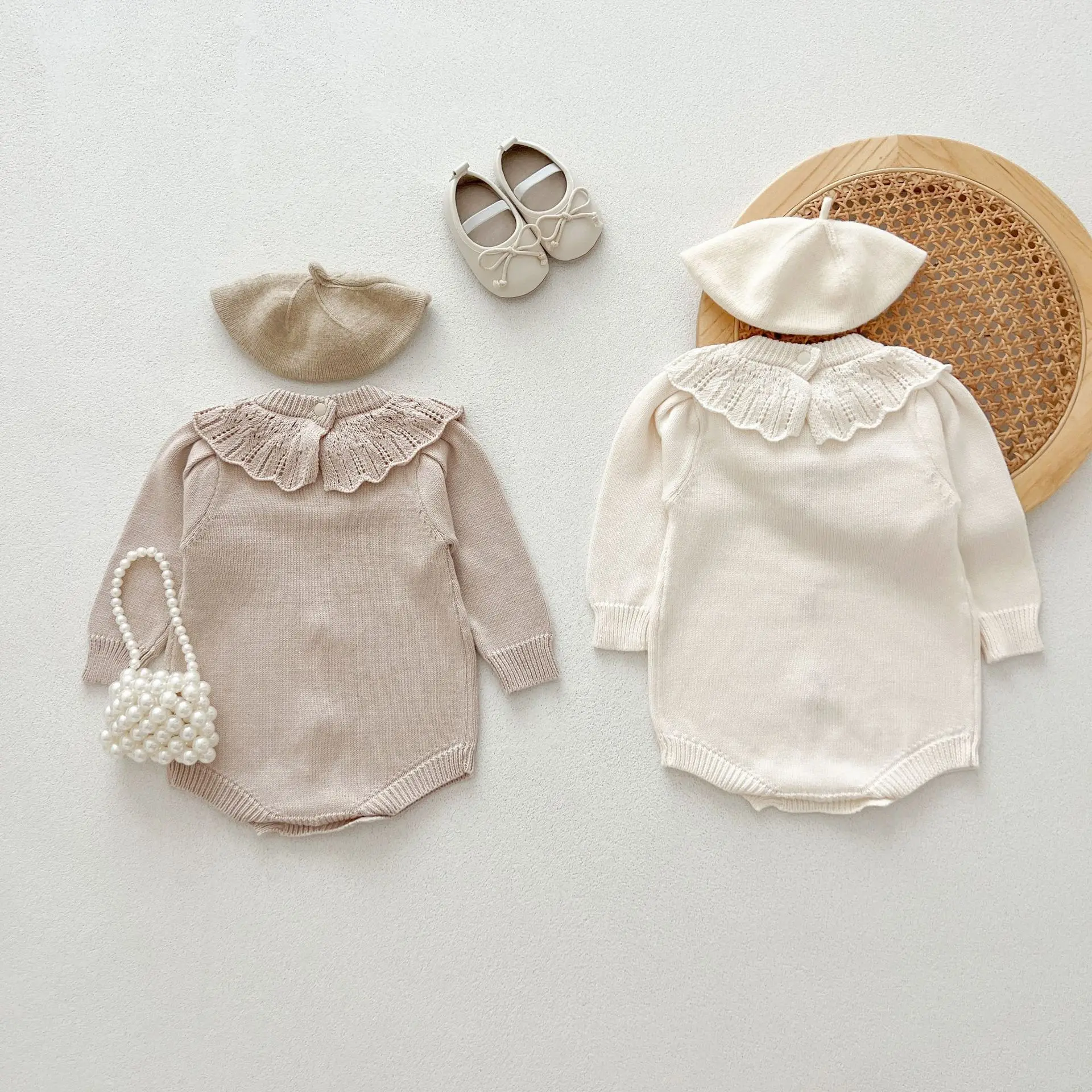 Ins Korean Autumn Baby Girls Rompers Cotton Knitted Embroidery Flower Infant Girls Bodysuit Ruffle Collar Toddler Girls Outfits