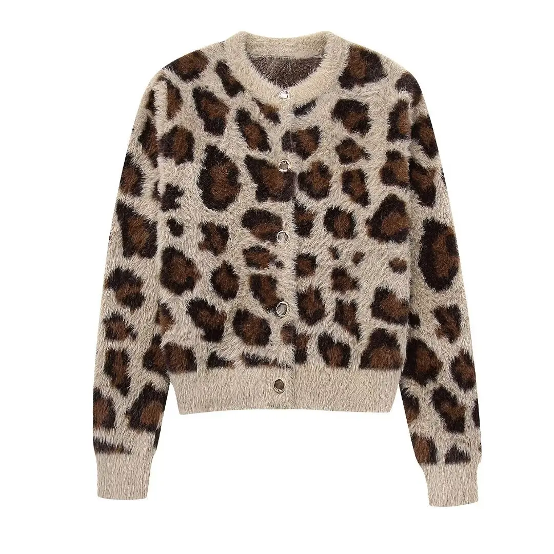 Winter new European and American women's round neck animal pattern jacquard faux fur effect knitted sweater coat leopard print