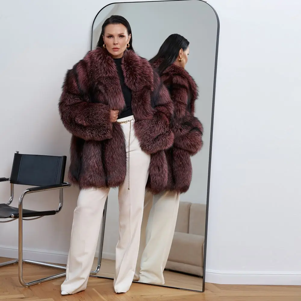 Real Silver Fox Fur Coats for Women Winter Fashion New Genuine Full Pelt Fox Fur Jacket Lapel Collar Mid-length Fur Overcoats