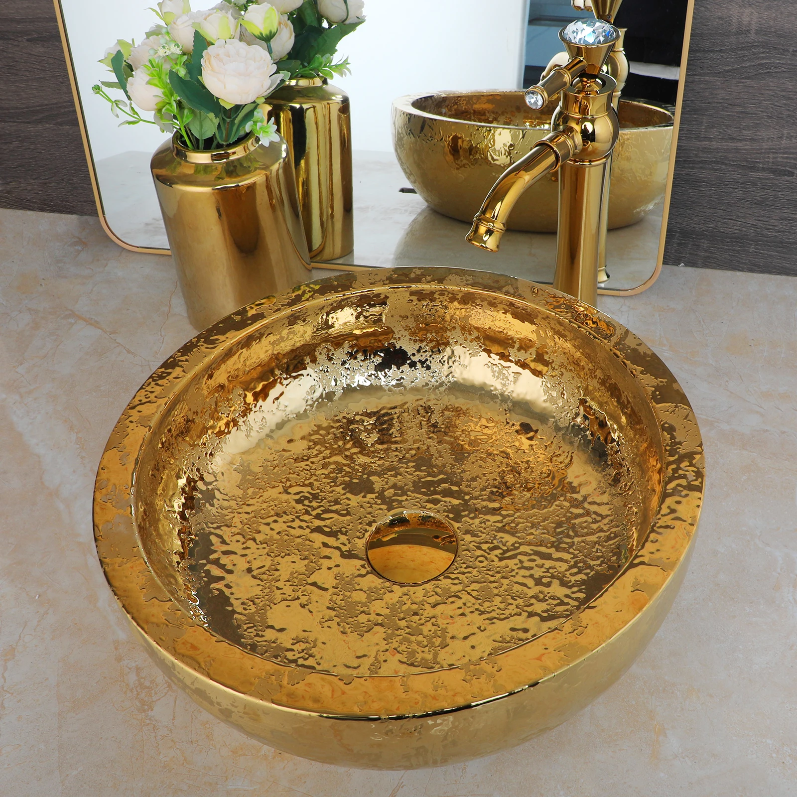 ZAPPO Gold Vessel Sink with Faucet Drain 15” Round Ceramic Bathroom Sink Above Counter Gold Luxury Vessel Sinks for Bathroom