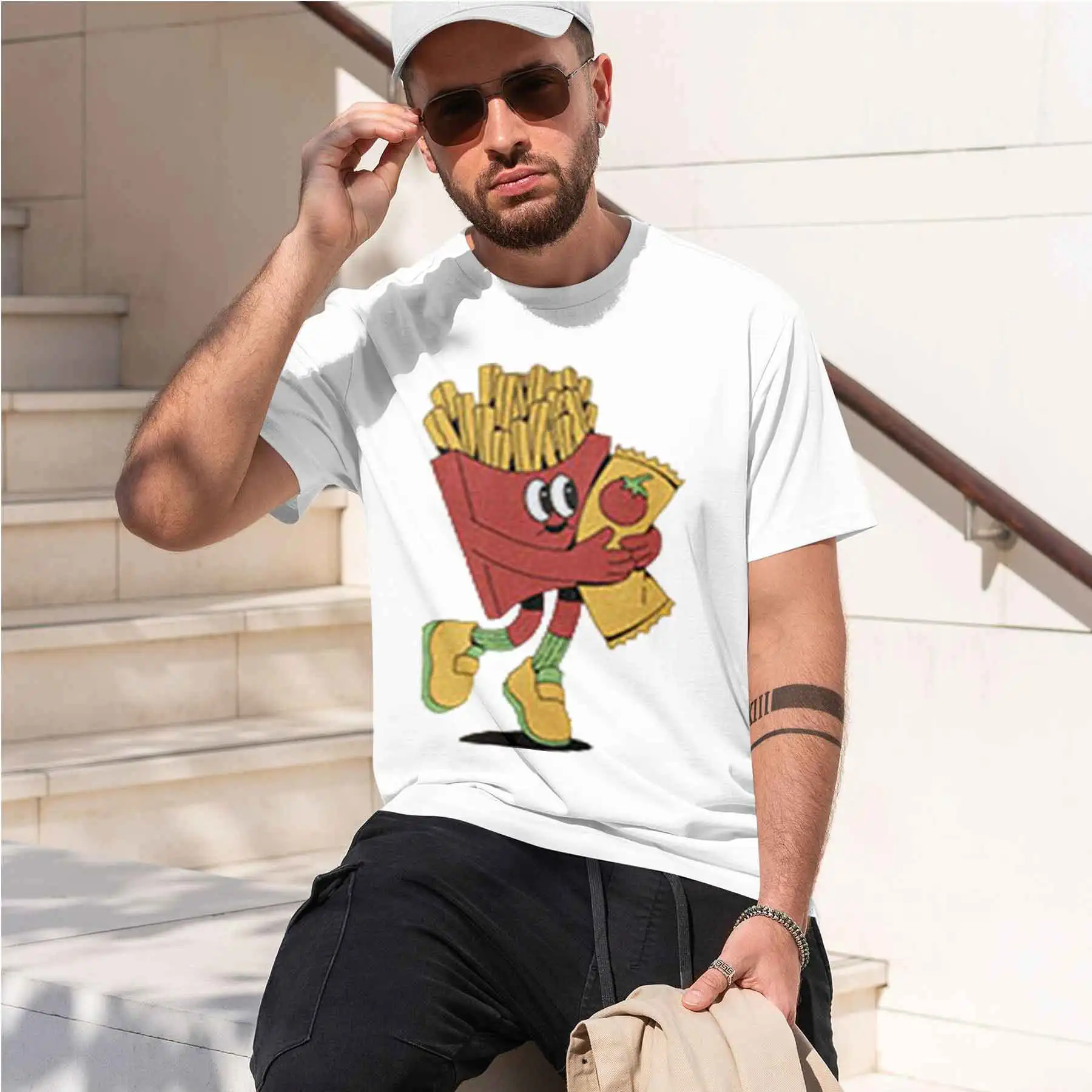2026 new printed T-shirt Men's Retro American Anthropomorphic French Fries Print T-Shirt Fun Street Style Casual Loose Crewnec