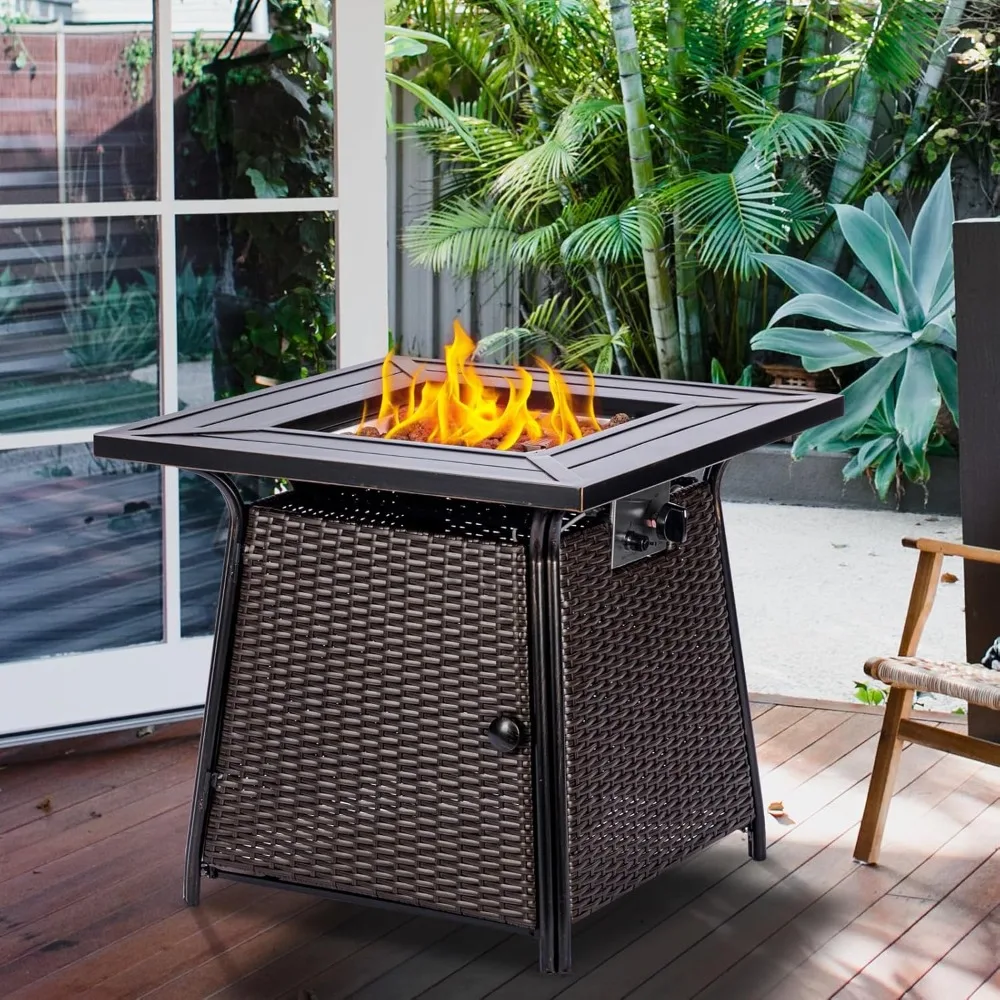 28 inch Wicker Propane Fire Pit Table Gas Fire Pits Table for Outside 50000 BTU Propane Fire Pit with Lid &Lava Rocks