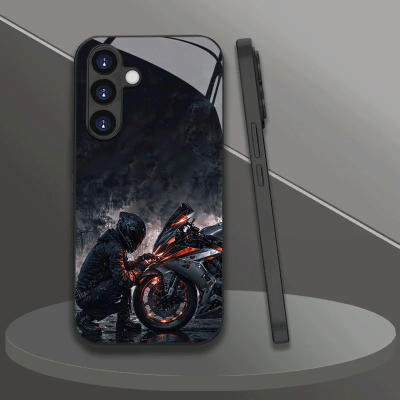 Dark Knight Motorcycle Tempered Glass Phone Case Suitable for Samsung Galaxy S26 S25 S24 S22 S21 S20 FE/Ultra/Plus5G Anti Drop