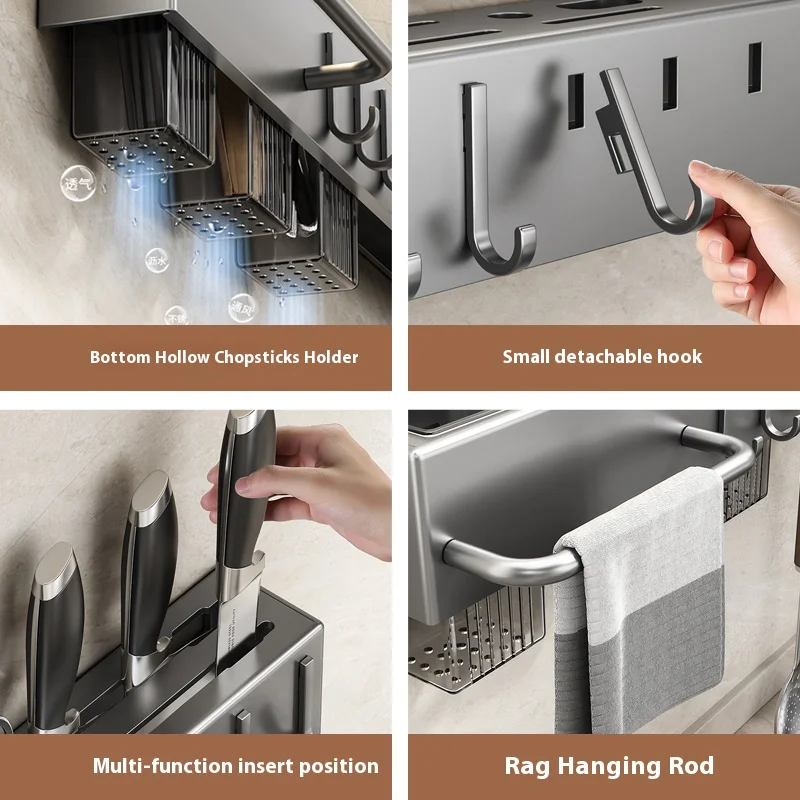 Kitchen Storage Rack Wall-Mounted Multifunctional Storage Knife Rack Detachable Stainless Steel With Multiple Brackets And Hooks