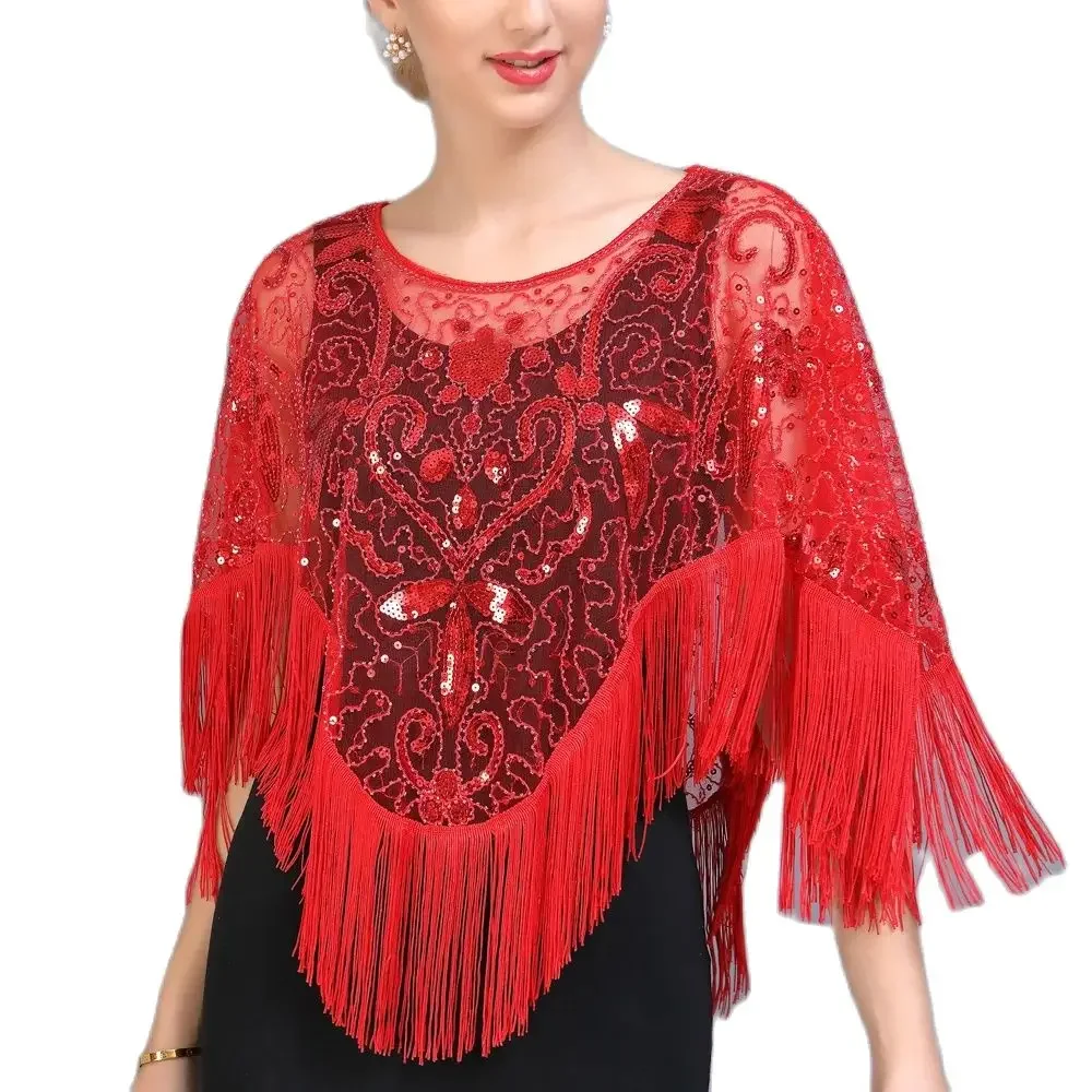 

Scarves Wraps Poncho Sequin Beaded Fringe Cover Up Vintage Evening Cape 1920s Flapper Dress Accessories Shawls