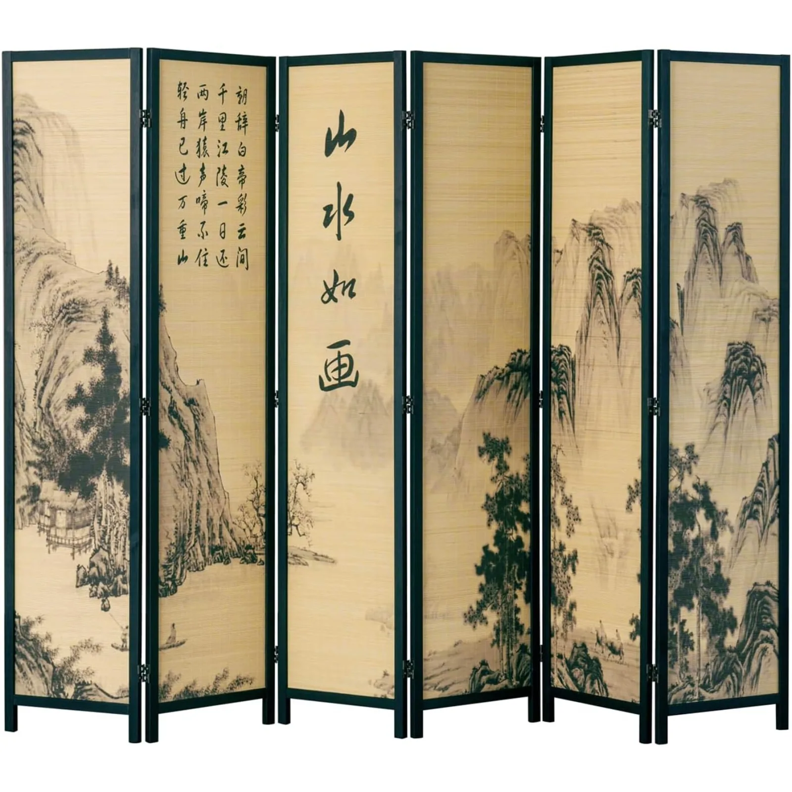 US Decorative 6 Panel Folding Room Divider Bamboo Screen with Chinese Calligraphy Design, Freestanding Floral Artwork Room with