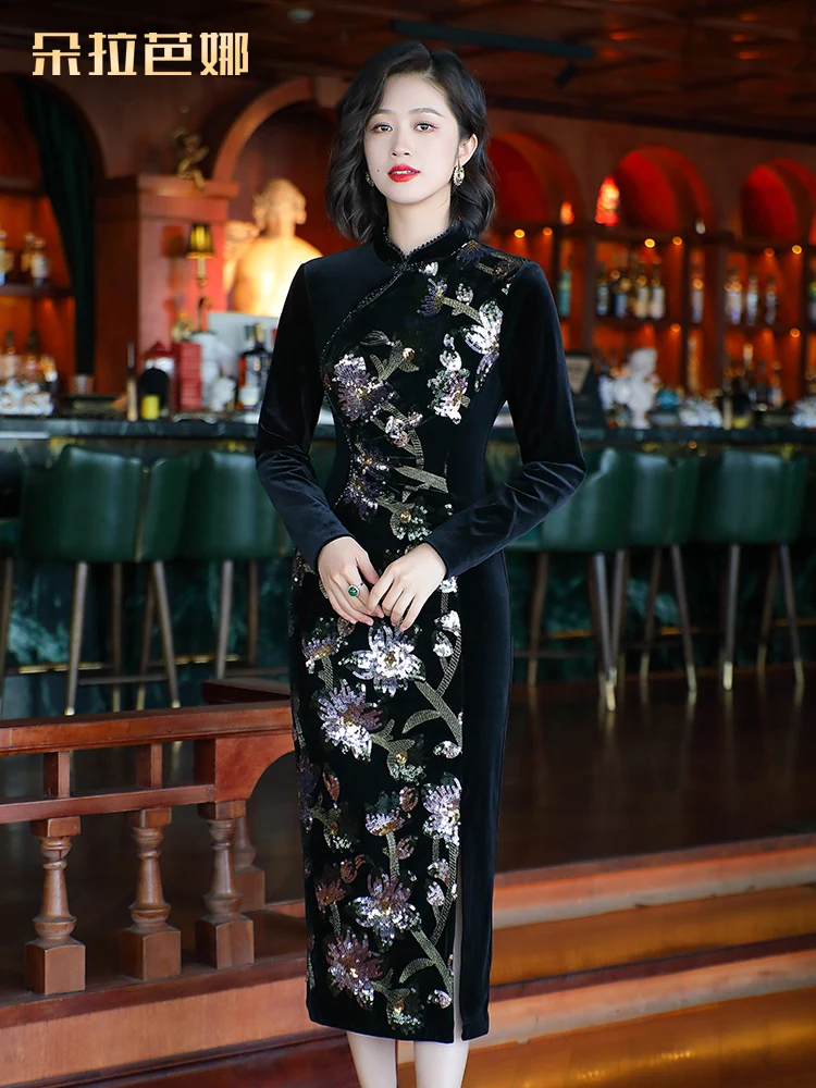 

Dorabana New Chinese Sle Velvet Long Sve Embroidery Slimming Daily Improved Low Slit Ele Long Dr