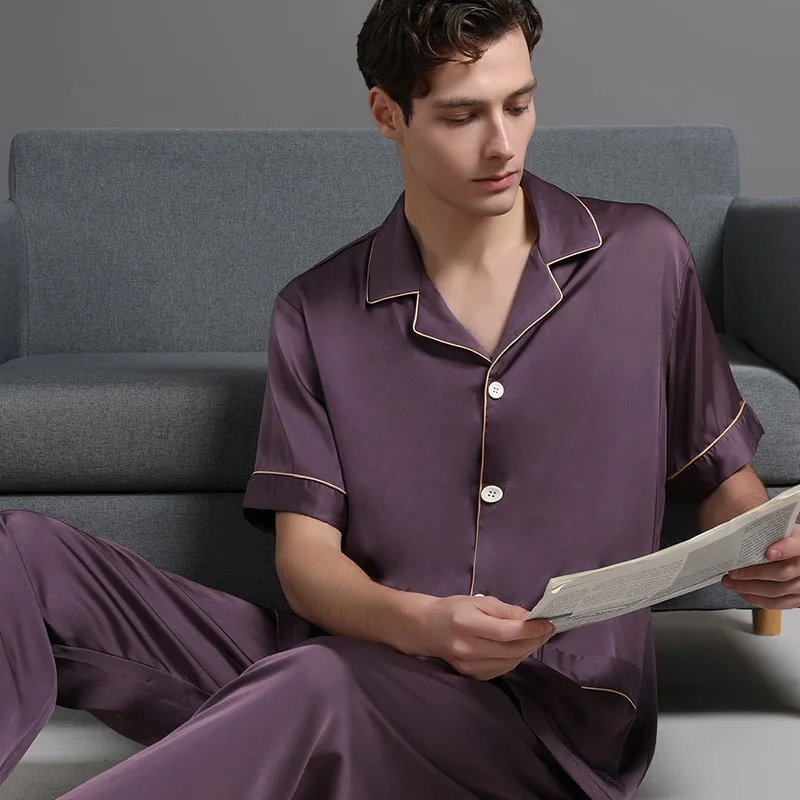 Men's Short Sleeved Silk Pajama Set Silkworm Silk Thin Casual Two Piece Loungewear Gift Box XXXL Size Trousers Soft Underwear
